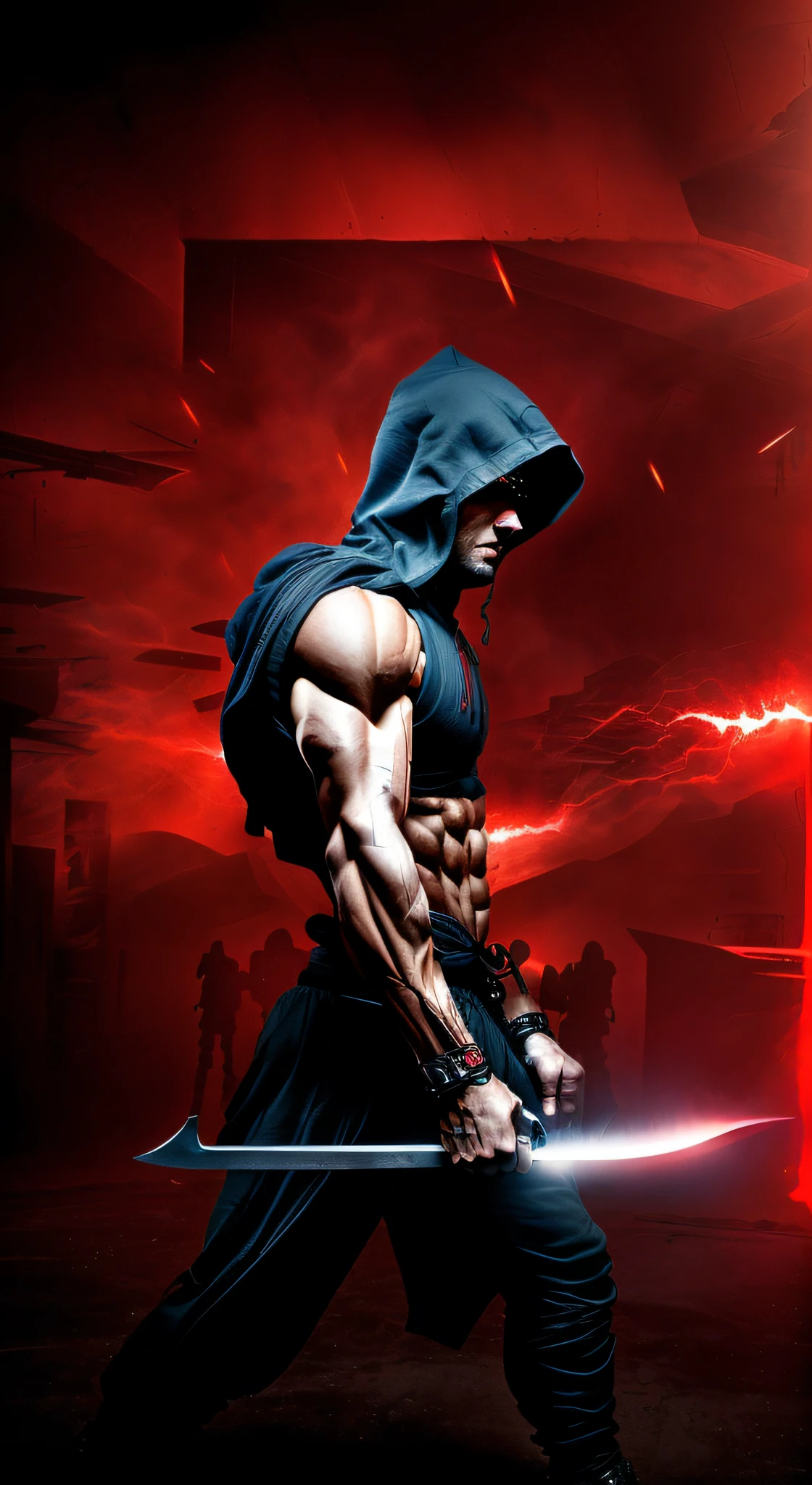 Arads in hoodies,Hoodie holding a sword in a dark room, Ripped, muscular character, strong and imposing, musculous,Frightening, Super buff and cool, exaggerated muscle physique, absurdly muscular physique, powerful stance, spartan warrior, powerful warrior, Muscular!! Sci-fi, muscular features, Strong blood body, large biceps, film render, Shredded