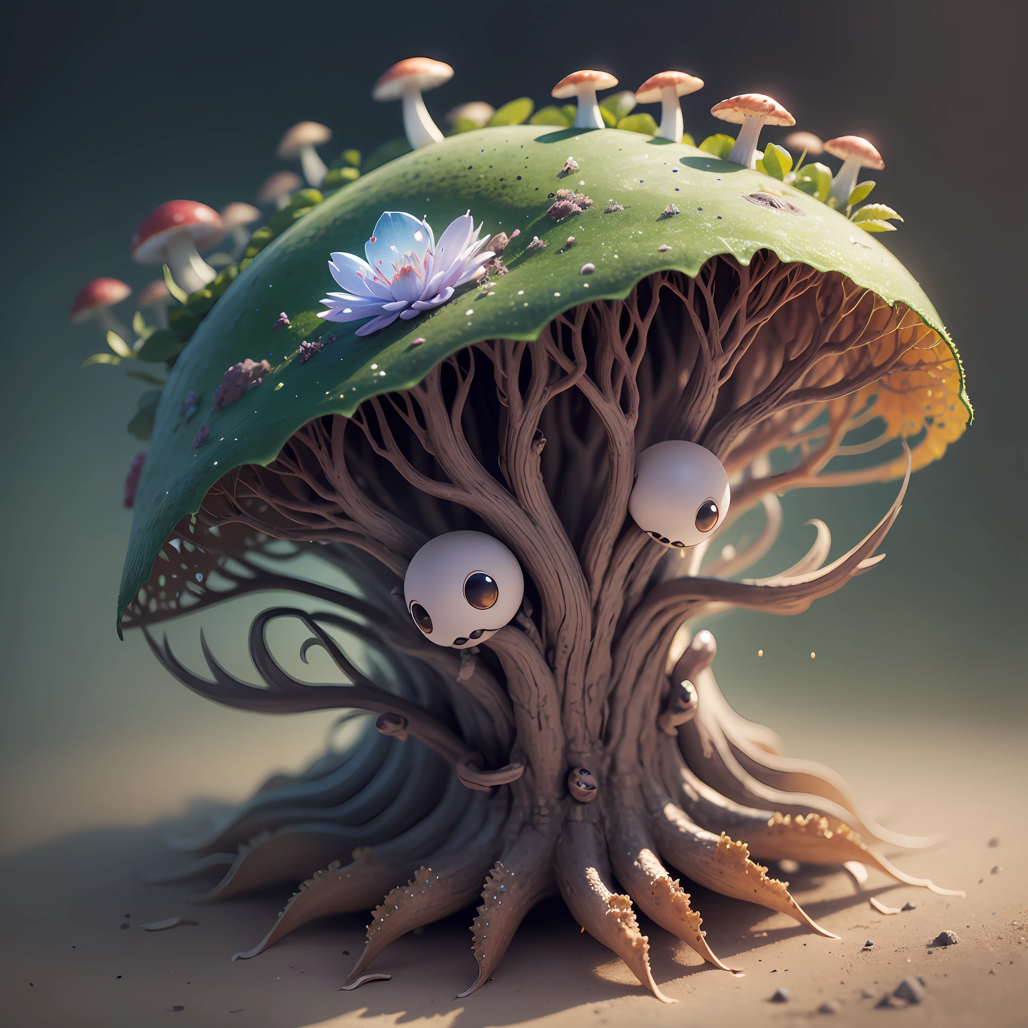 Generate images of creatures with humanoid body structures, But mainly composed of fungal elements. Its head resembles a big head, Dome-shaped crystal spring flower mushroom cap, fanciful, Colorful, Decorated with a luminous speckled pattern. Its arms are long, Flexible tendrils sprout from the shoulders, Able to be as vertical as a human hand. And not legs, It has a single, Thick, The stem is rooted in the ground. Its face is a small cluster, Bioluminescent spheres embedded in the bottom of the lid, Arranged in a way reminiscent of human facial features. photo-realism, ultra - detailed, 4K, A high resolution
