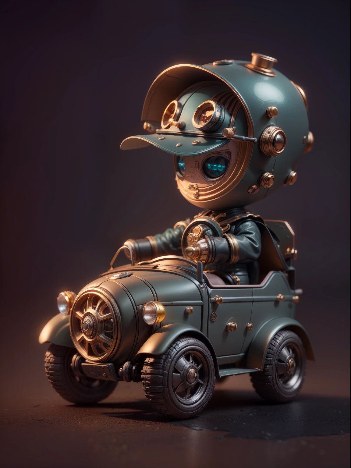 "(Blind box toy style:1.2),(Full body shot),Metal cute toy car:1.2,steampunc,dreamy glow,Clean,background inside dark,Matte style,circular base,(Global illumination,Ray traching,hdr,unreal render,reasonable design,high detal,Masterpiece,Best quality,hyper HD,Cinematic lighting)"