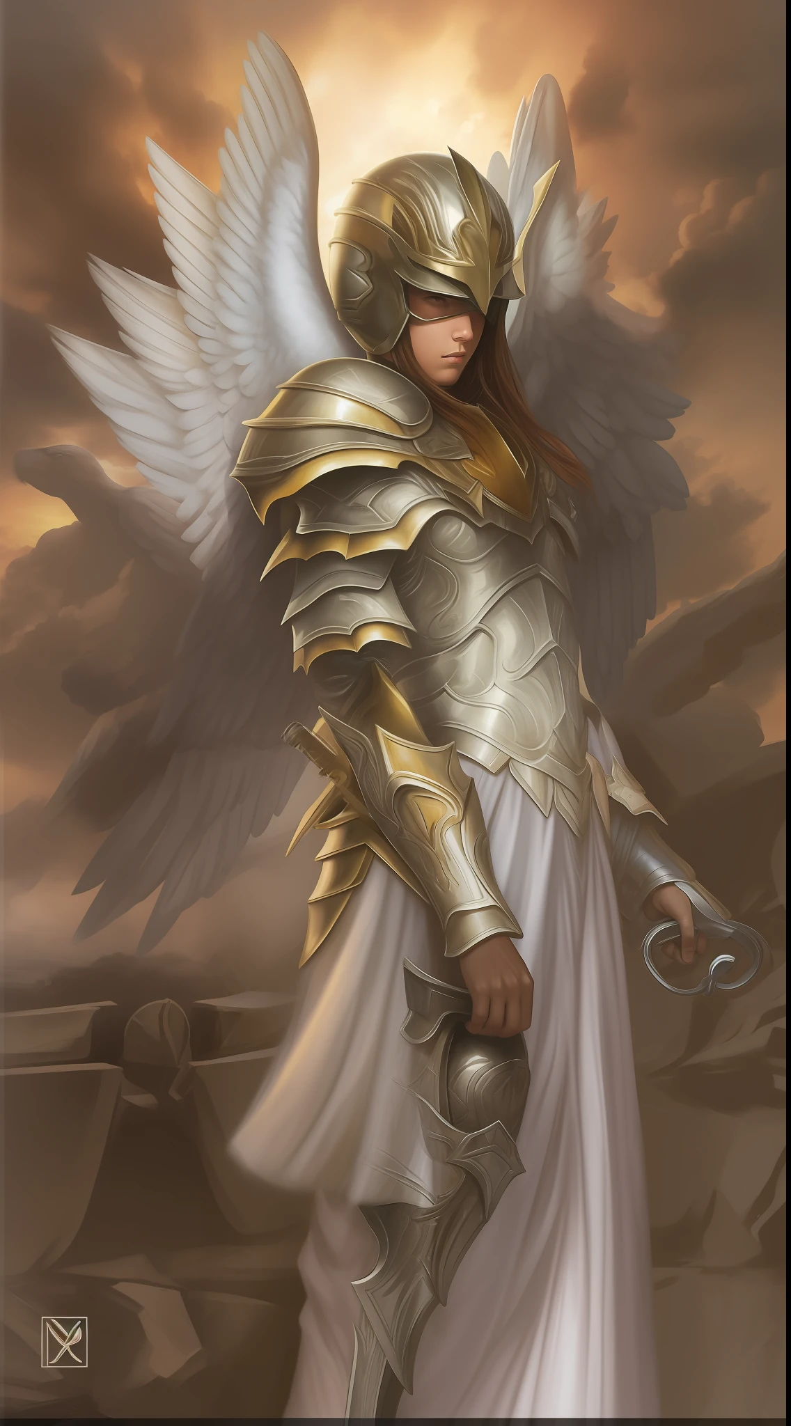 Anjo com armadura, encarando o espectador