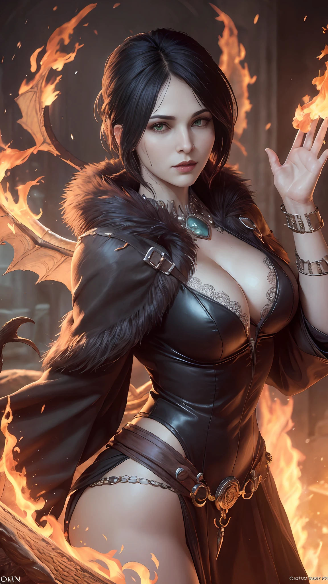(Dark Fantasy:1.2), (Masterpiece, Epic Quality, Epic Realism, Ultra Resolution, 8K Photo Unity, Epic Detail: 1.1), witch fur robe, (((morrigan from dragon age))), shawl, dark hair, (((waiving a fire spell))), (Intricate Details, Dynamic Angle, Rim Lighting, Soft Lighting, (Professional Photography, Photorealism, Hyperrealism), Ray Tracing, HDR, beautiful hands, shiny skin, no wing