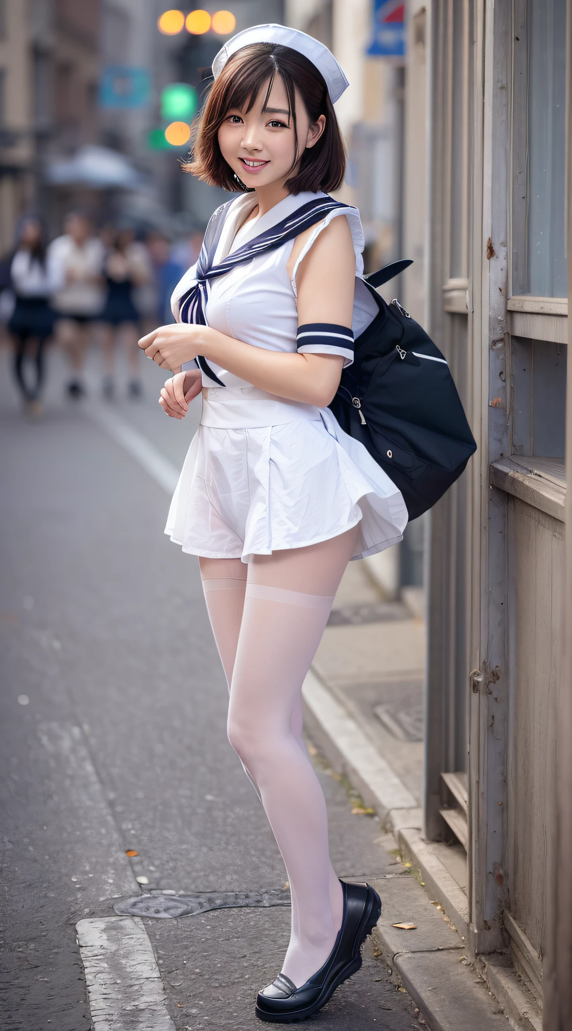 (a sailor suit:1.3)、hi-school girl、Sexy and cute、Colossal tits、perspiring、Wet crotch、seductive angles、(White pantyhose:1.2)、Best Quality, masutepiece, 超A high resolution, (Photorealistic:1.4), Raw photo,8K,japanes、女の子1人、、Perfect looks、hi-school girl、((Running:1.3))、cute  face、A smile、(Full body portrait:1.2)、stunningly beautiful、dynamicposes、delicated face、Lively eyes、No letters、No logo、bob cuts、A dark-haired、((Crowded streets:1.2))、Cute smile、cammel toe、(Black miniskirt:1.2)、((White panty:1.2))、beauty legs、perfectly proportions、((Skirt twisted by the wind:1.2))、Black loafers