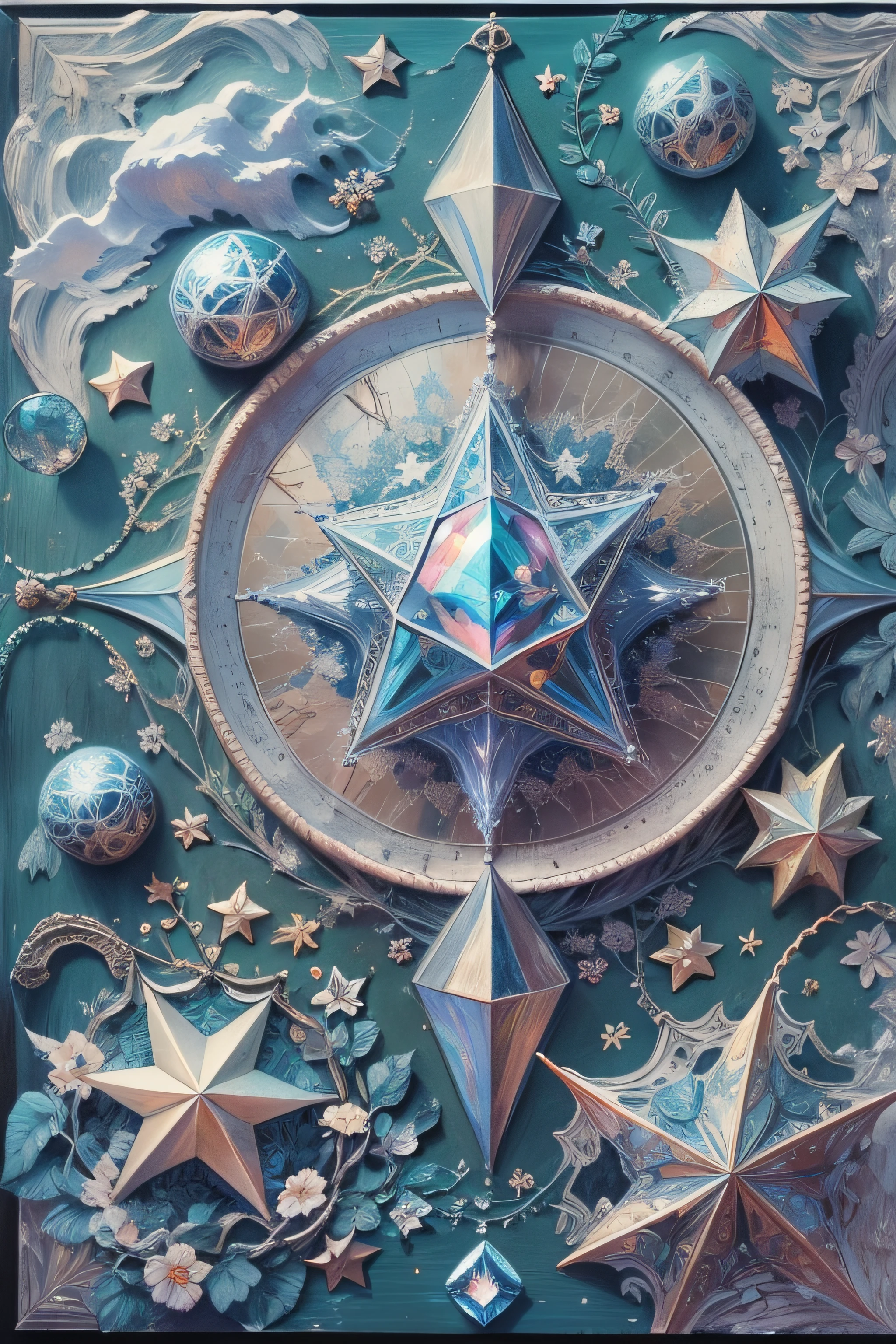 estrela de cinco pontas, magia, simetria, maths, renascentista, oil painting, 2d canvas, altamente detalhado, intricado, classic paint, blue monochromatic, cristal, ornamentado,