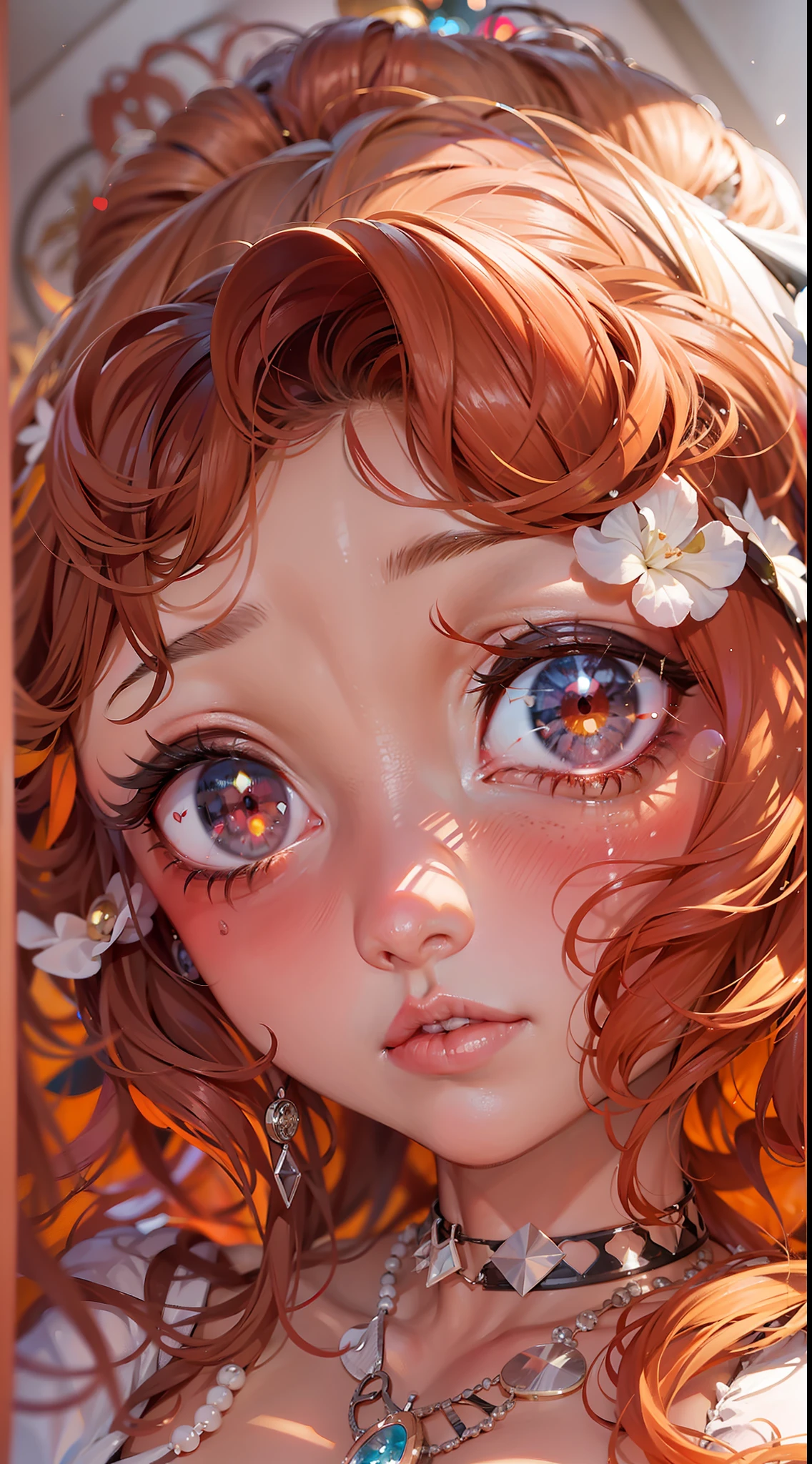 Red hair, ahoge, Curly hair, hair on one eye, bead necklace, black hair band, Moles under eyes, Heart-shaped pupils, Blush, disdain, Anime, Social realism, Cinematic lighting, Sparkle, hyper HD, Masterpiece, ccurate, Anatomically correct, Textured skin, Super detail, High details, High quality, Best quality, A high resolution, 8K