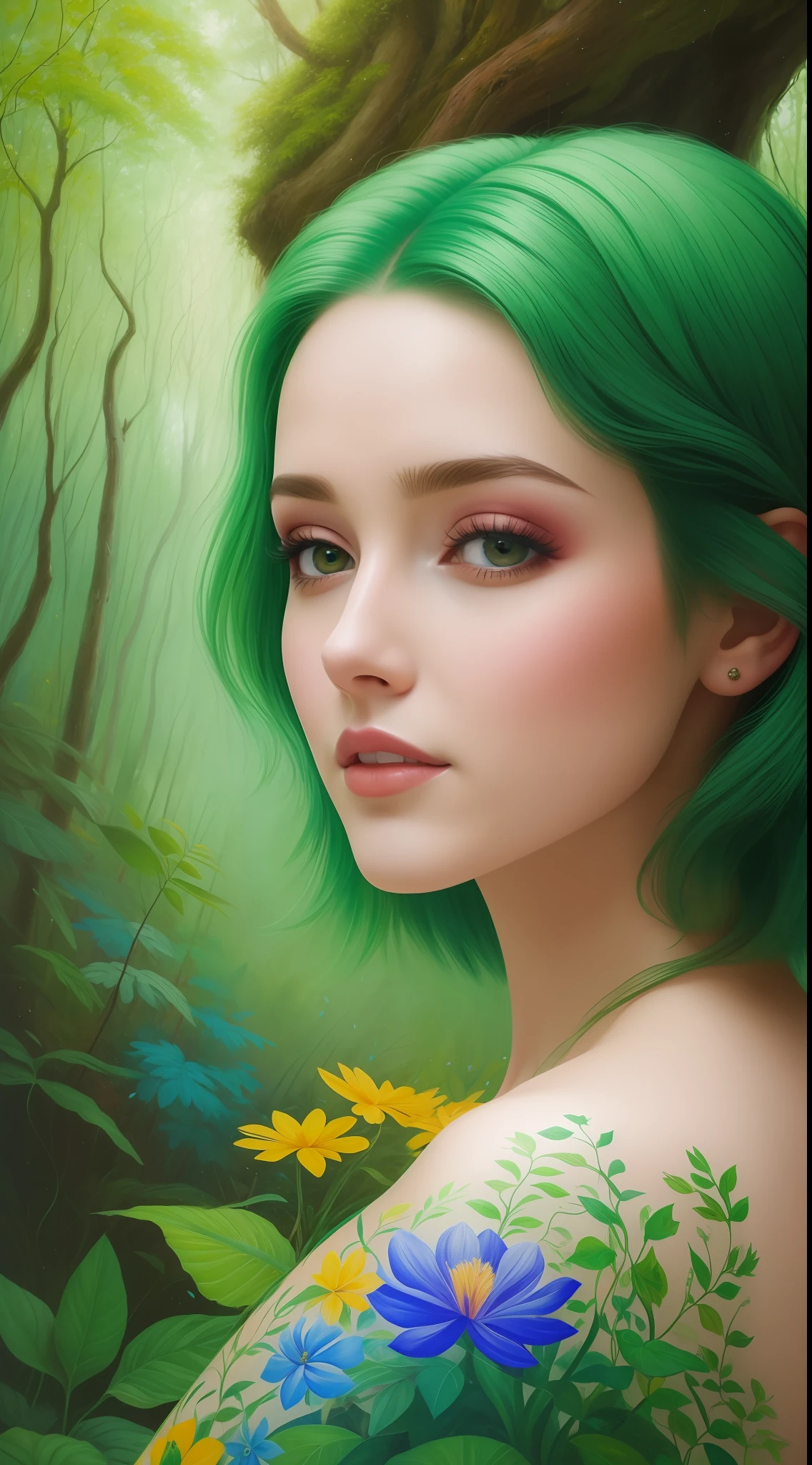 pintura feita a oleo futuristica e realista com floresta encantada