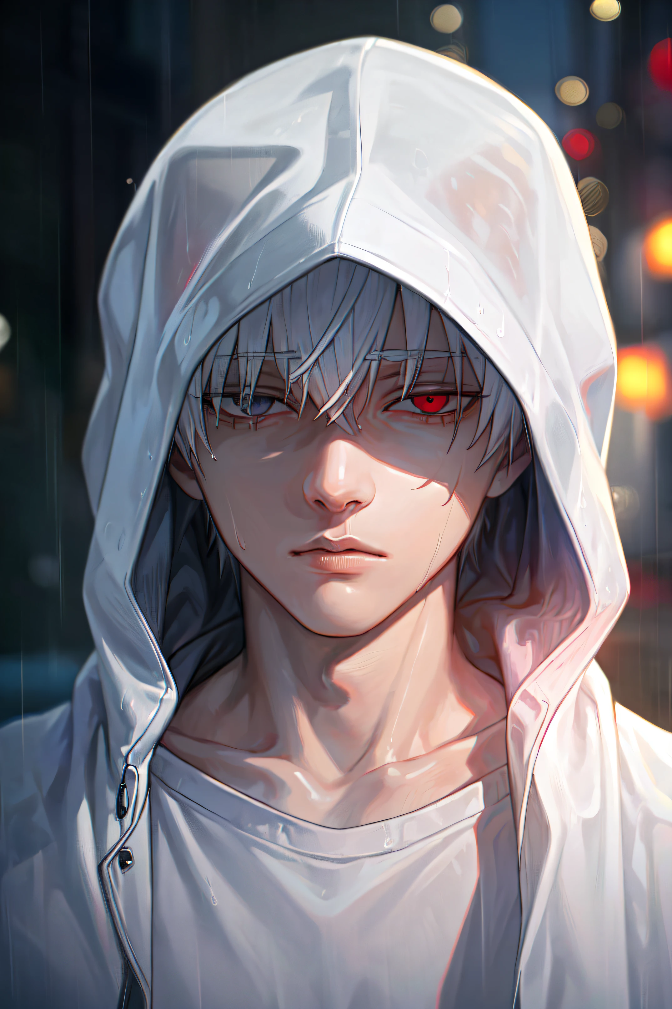 kk, best quality, more details, masterpiece, 1boy, kaneki ken, portrait, male focus, red eyes, solo, bangs, looking at viewer, hood, short hair, rain, tokyo tokyo \(city\), hood up, nail polish, white hair, luxurious, 8k, detailed, ray tracing, depth of field, cinematic lighting,