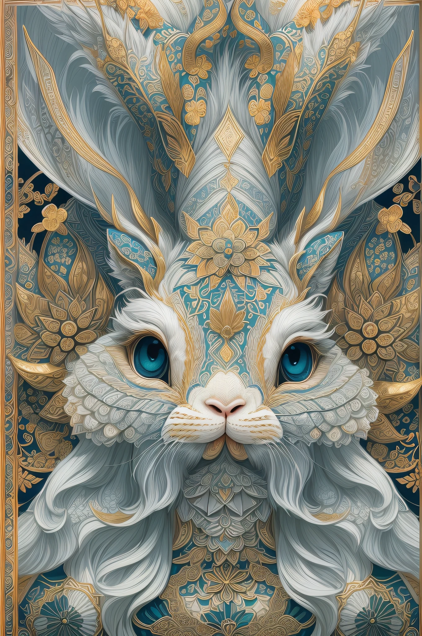 (White background:1.4),(Symmetrical:1.5),(Masterpiece rabbit head, Intermediate symmetry,  Oriental elements),（China - chic illustration:1.2, Vector painting:1.4),(Chinese colors,senior color matching),( reasonable design, Clear lines, High sharpness,Best quality, Very detailed, Masterpiece, offcial art, movie light effect, 4K )