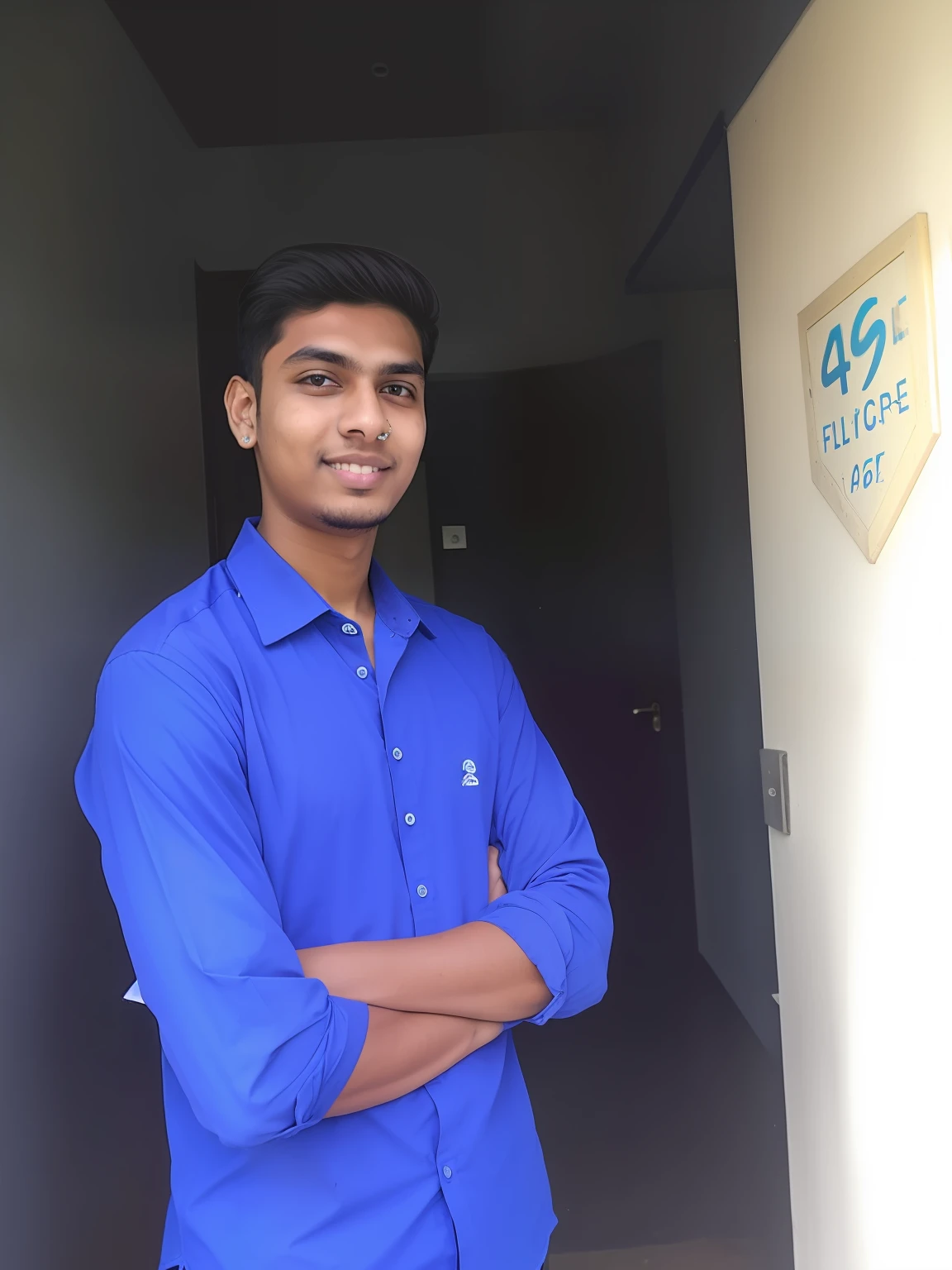 arafed man in blue shirt standing in doorway of building, around 1 9 years old, jayison devadas, student, portait image, he is about 2 0 years old, he is about 20 years old, he is about 2 5 years old, young commoner, 2 4 - year - old man, photo taken in 2 0 2 0
