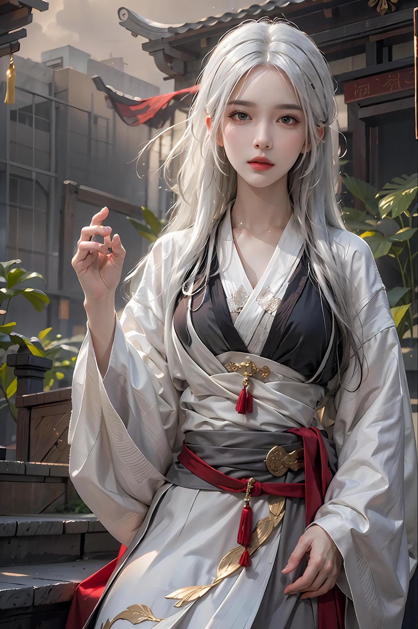 photorealistic, high resolution, 1women, solo, hips up, look at viewer, (detailed face), white hair, long hair, Taoist robe,oversized clothes, jewelry
