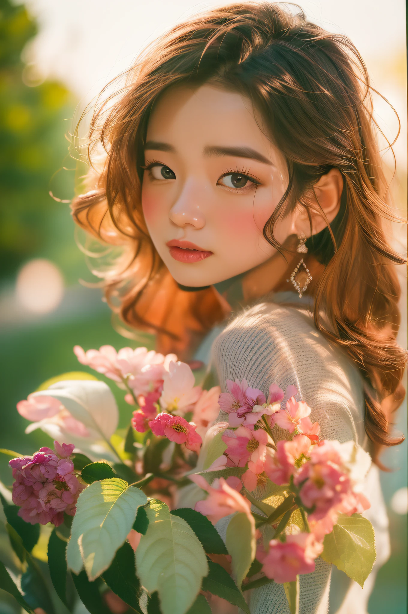 (((cinematic portrait))), young woman, vibrant hair, colourful blooming flowers, sunset, warm light, serene expression 00 --ar 3:2 --c 30 --s 2