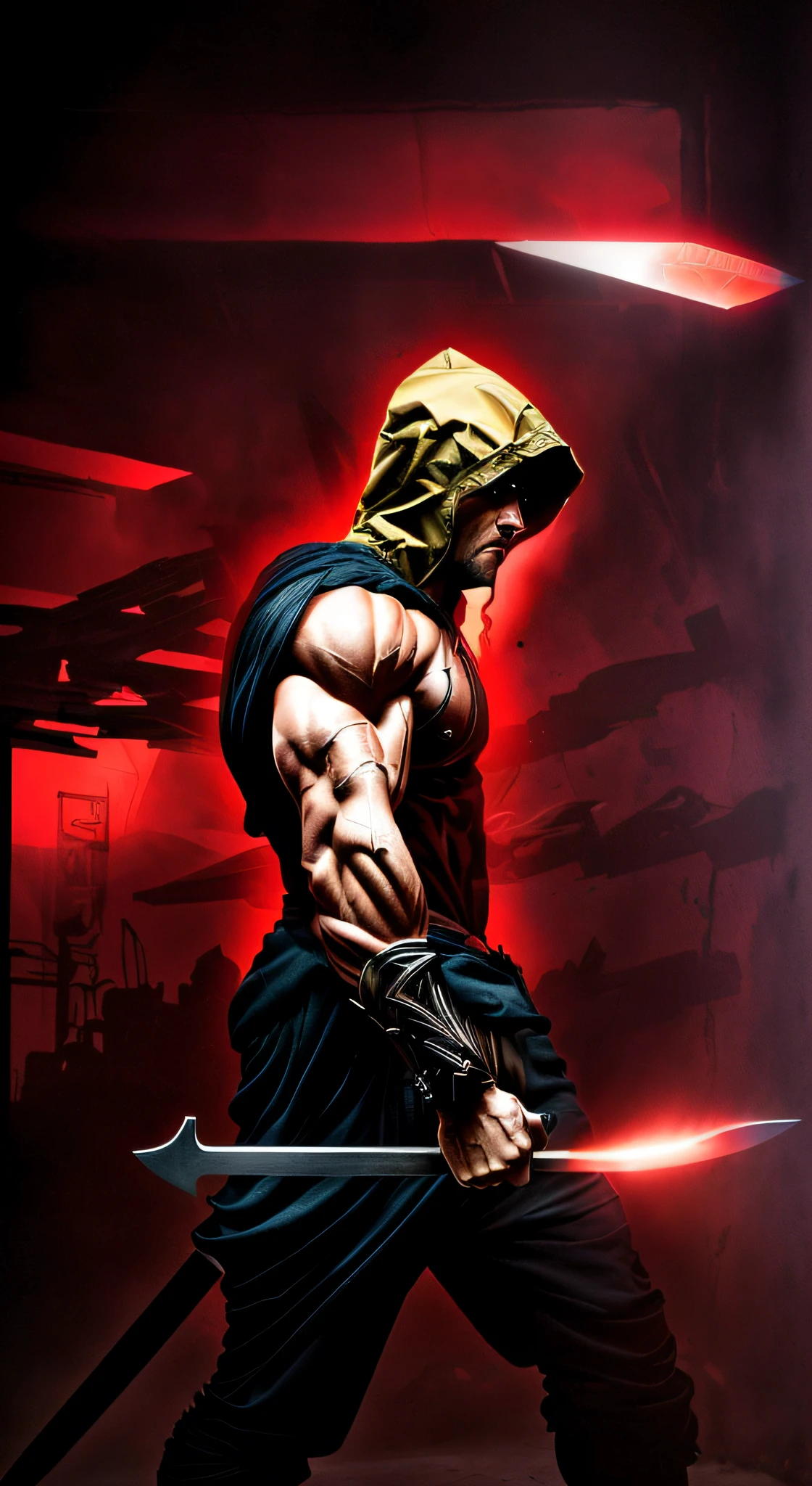 Arads in hoodies,Hoodie holding a sword in a dark room, Ripped, muscular character, strong and imposing, musculous,Frightening, Super buff and cool, exaggerated muscle physique, absurdly muscular physique, powerful stance, spartan warrior, powerful warrior, Muscular!! Sci-fi, muscular features, Strong blood body, large biceps, film render, Shredded