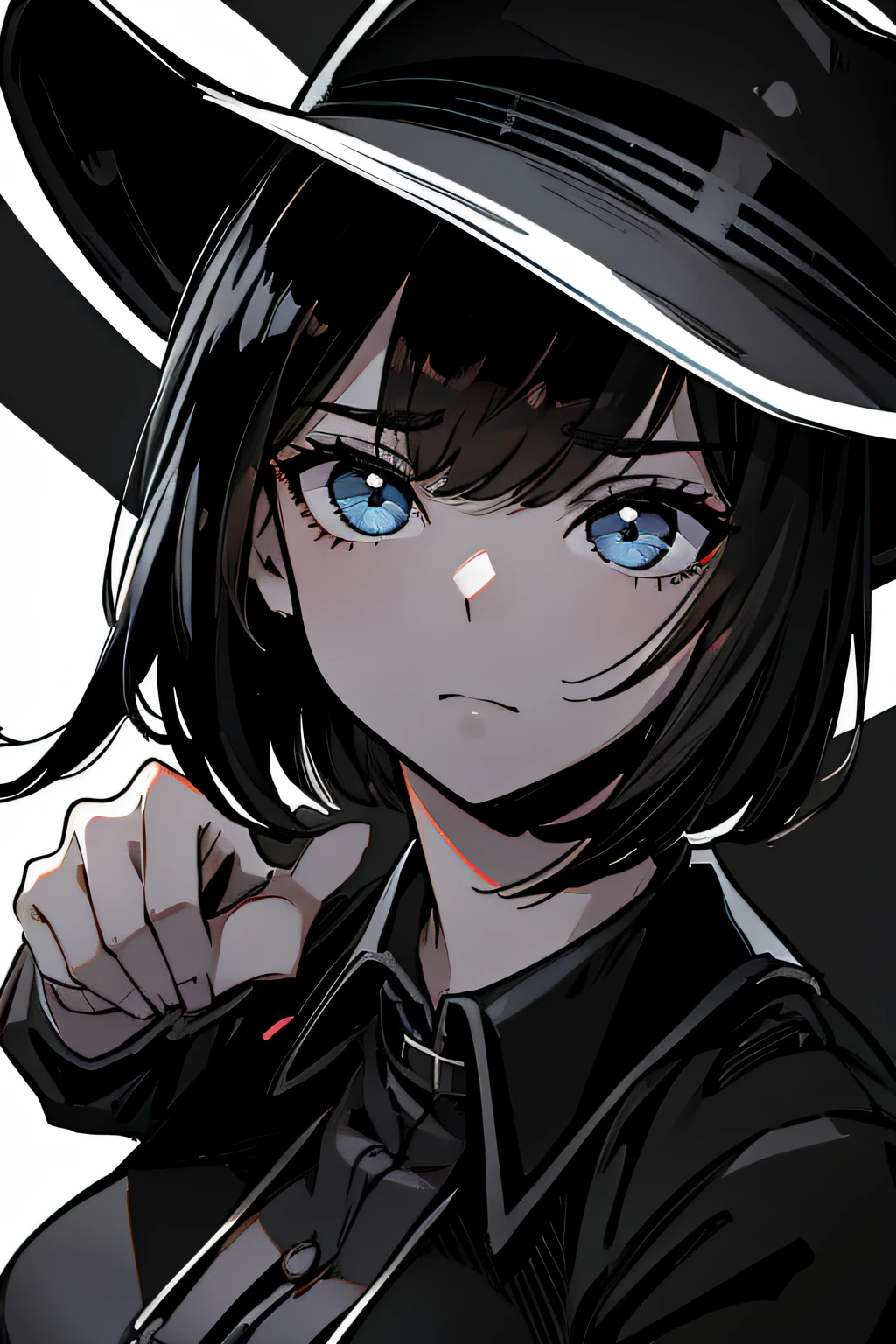 (Comic Noir Style),(black-and-white_High contrast),(Laura Budd_Pictures:0.5),(Laura Badhandoff:1.2),(Cowboy Shot),(8K resolution)、8K、Less in 8K、8K resolution、high intricate detailed、((looking at the viewers))、 A detailed face, 1girl in, 独奏,A dark-haired、bob cuts、(No hat)、Female executives of the mafia、