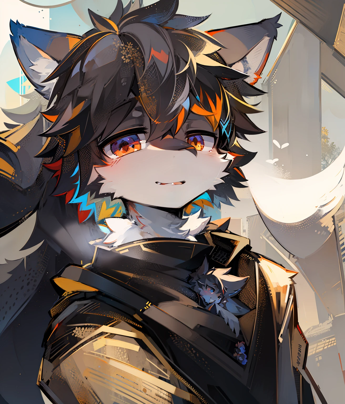 author:zackarry911, (coffeesoda:1.1), red fox, Humanity, Libido boy, 独奏, Skinny black hoodie, furred, Look upwards into perspective, Perspective from childhood,, low angles, clawed paws,