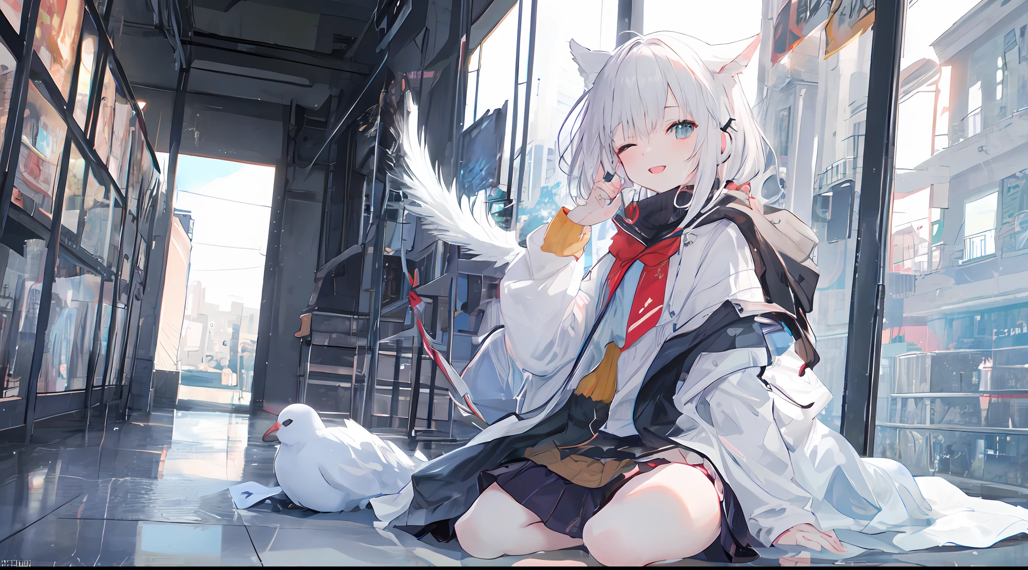 duck sitting,Laughing,ssmile,Half cover your face,Ark of tomorrow style,finely quality eyes,good eyes looking,Heterochromic pupils,solo person,Ark of Tomorrow,one-girl,Black off-the-shoulder sweater, backless outfit,Starry sky,clusters of stars,Ray tracing,{Best quality}, {{Masterpiece}}, {A high resolution}, Original, Extremely detailed 8k wallpapers, {An extremely delicate and beautiful},,incredibly_absurderes,Colorful,intricately details,art book,,incredibly_absurderes,Ray tracing,Perspective,Wide shot,Overall view,,A high resolution,Game CG,short_Hair,cat_hor ears,White_Hair/White_Eyes,Detail fingers,Hands in hair,pigeon-toed,Pout,Blush,Eyes visible through hair,off-shoulder sweater,White_wind coat,Superskirt,White pantyhose,White cat ears,(((long white hair))),White tail,reaching out her hands,W cut sitting position,(((a black trench coat))),(White water scarf),White pupils,Black hairpin,Post-industrial buildings,4K,Master picture quality,Texture,Ark of tomorrow style,On the ground lay the West Sword,eventide,Blood-red sunlight,Black backpack,((((Short black skirt)))),black sneaker shoes,full bodyesbian,long and flowing hair,Smiling,Squint,The ultimate in facial depiction,The ultimate body depiction,The ultimate hair depiction ,There are lanterns on the ground,is shy,in a panoramic view,The ultimate scenario description,Pout,Beautiful_face,Beautiful detailed eyes,One eye is red,One eye closed ,Earphone,Beautiful detailed sky,reflective light,Ray tracing,Sunlight,(Maid dress),Sailor dress,Sleeves,beautiful detailed water,Beautiful detailed sky,god light,depth of fields,Normal body,Normal posture,Front view,Absolutely good light and shadow,Detailed sky,baiyun,the sunset,(((城市,starlights,rios,darkly))).{Best quality}, {{Masterpiece}}, {A high resolution}, Original, Extremely detailed 8k wallpapers, {An extremely delicate and beautiful},,Ray ,{Best quality}, {{Masterpiece}}, {A high resolution}, Original, Extremely detailed 8k wallpapers, {An extremely delicate