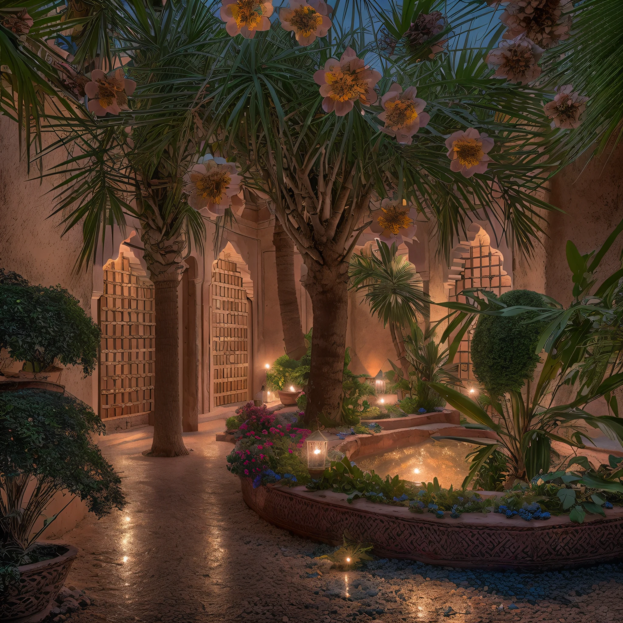 dark pink roses, sunrays, masterpiece, best quality, ultra high res, RAW, ((Riad)), ((riad pool)), riad fountain, Marrakech, moroccan candle holders, palm trees, opalescent, (Photoluminescence lights), gems, ((glowing flowers)), clear, Cinematic RAW photo, hyper real photo, ultrarealistic, 8k uhd, dslr, soft lighting, high quality, film grain, Fujifilm XT3, photographed on a Kodak Retina II Sanyo Xacti VPC-CA6, 50mm lens, Wide Angle, HDR, hyper-realistic, colorgraded, volumetric lighting, [volumetric fog, moist], shallow depth of field, reflections, photo, (sparkling) splashing, glistening, (iridescent), glimmering, crystals, mystical, enchanting, glittering, Morocco, exotic, (masterpiece) (best quality) (detailed) (8k) (HDR) (wallpaper) (cinematic lighting) (sharp focus) (intricate), Amazigh, courtyard