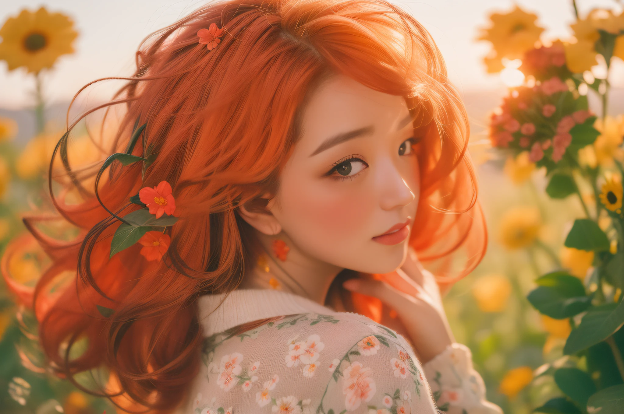 (((cinematic portrait))), young woman, vibrant hair, colourful blooming flowers, sunset, warm light, serene expression 00 --ar 3:2 --c 30 --s 2