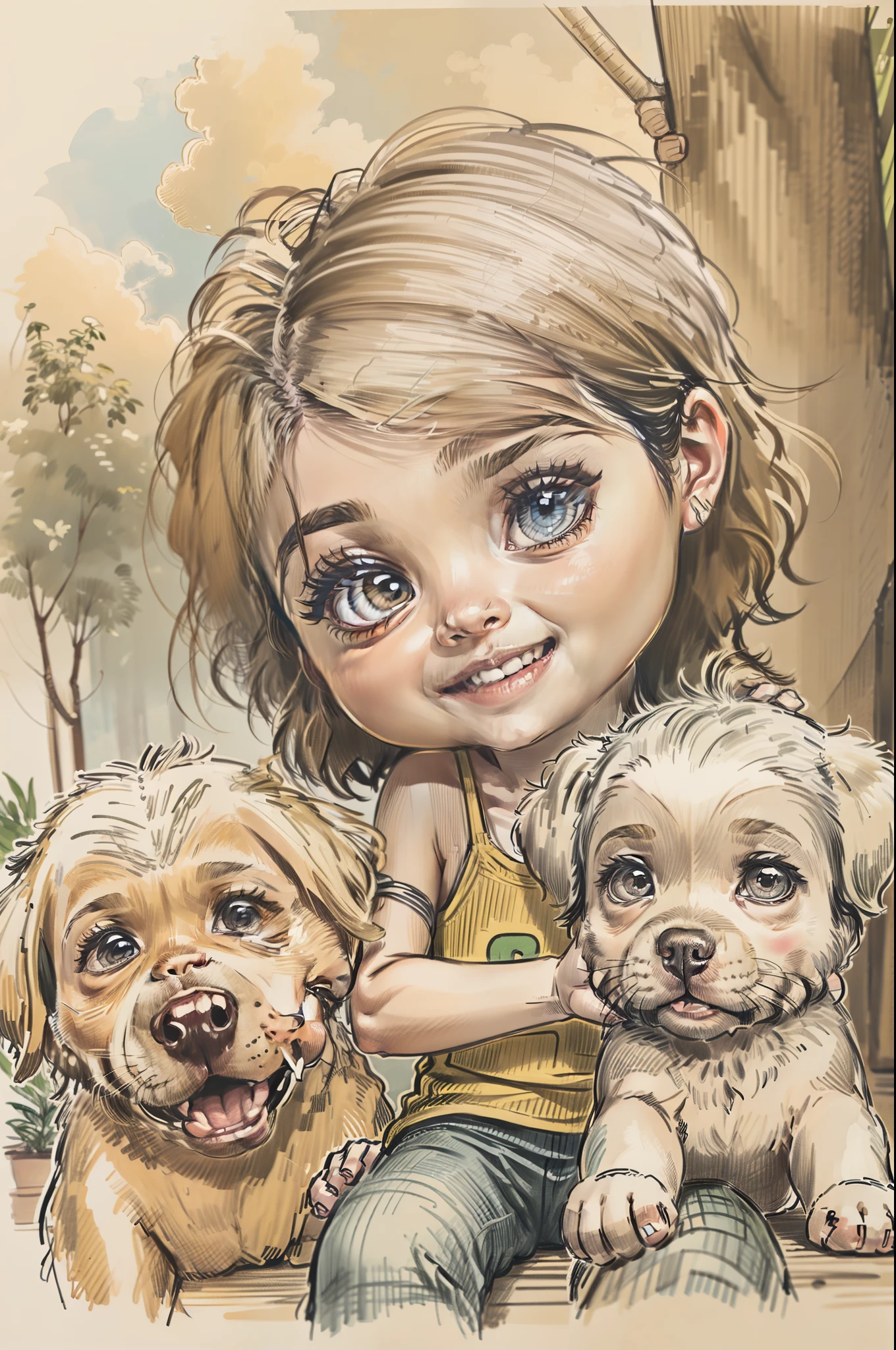 Cartoon Design, Pencil sketch style, Pencil coloring with many colors, Depiction of two children playing with a puppy, muy felices en un parque. El rostro, los ojos y los cuerpos de las figuras deben estar bien definidas en sus formas.