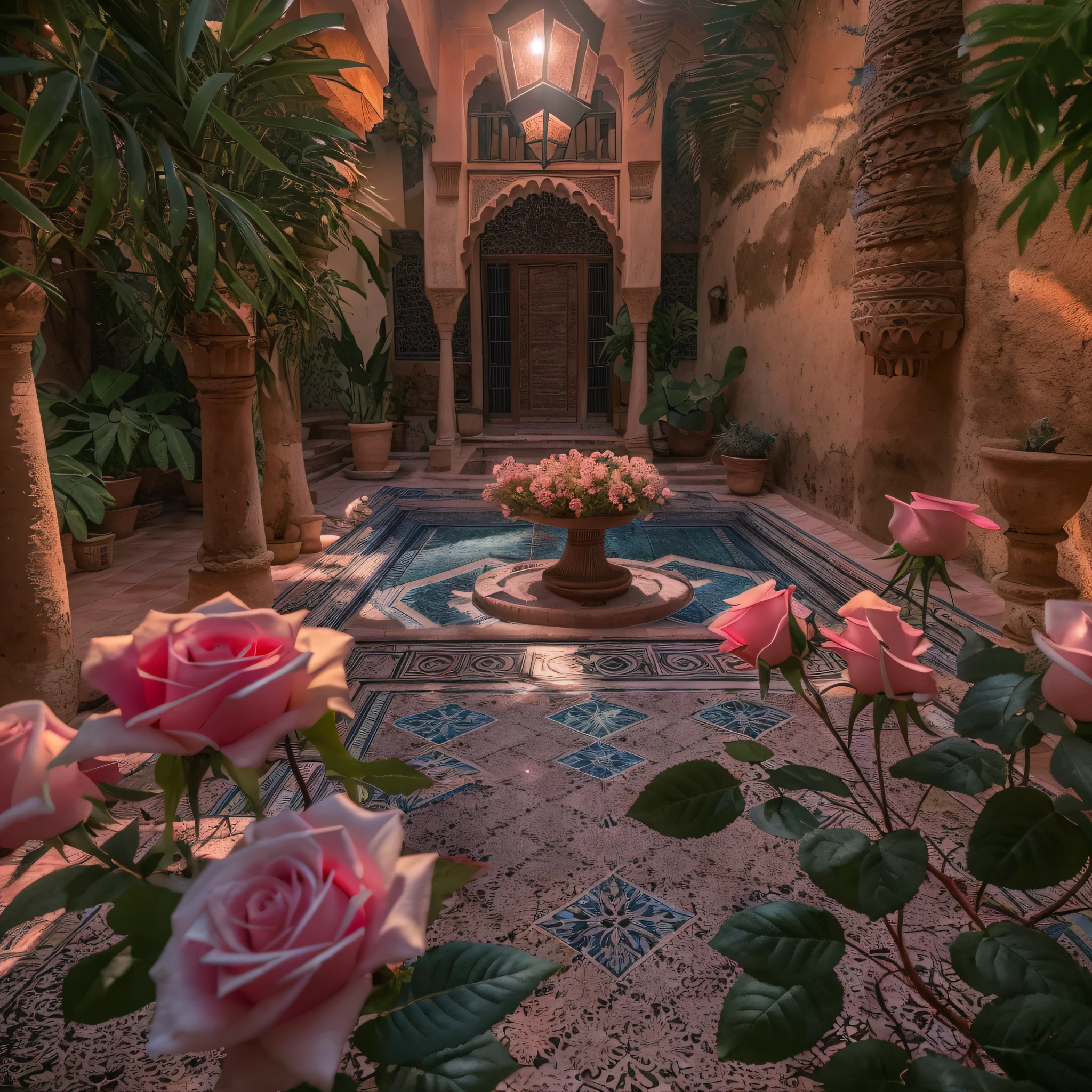 dark pink roses, sunrays, masterpiece, best quality, ultra high res, RAW, ((Riad)), ((riad pool)), riad fountain, Marrakech, moroccan candle holders, palm trees, opalescent, (Photoluminescence lights), gems, ((glowing flowers)), clear, Cinematic RAW photo, hyper real photo, ultrarealistic, 8k uhd, dslr, soft lighting, high quality, film grain, Fujifilm XT3, photographed on a Kodak Retina II Sanyo Xacti VPC-CA6, 50mm lens, Wide Angle, HDR, hyper-realistic, colorgraded, volumetric lighting, [volumetric fog, moist], shallow depth of field, reflections, photo, (sparkling) splashing, glistening, (iridescent), glimmering, crystals, mystical, enchanting, glittering, Morocco, exotic, (masterpiece) (best quality) (detailed) (8k) (HDR) (wallpaper) (cinematic lighting) (sharp focus) (intricate), Amazigh, courtyard