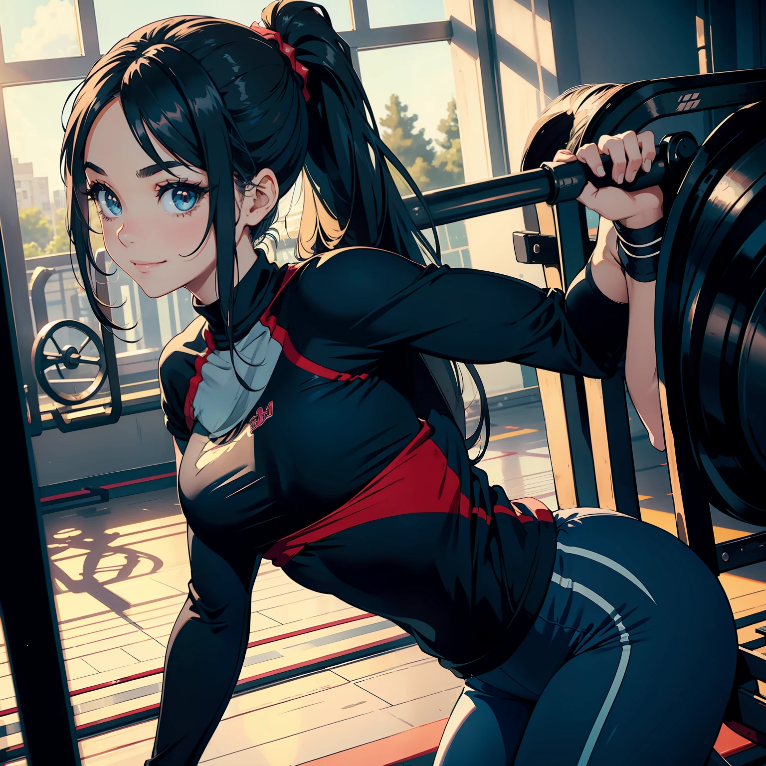 1 beauty in leggings，Big eyes，Long hair，Enchanted smile，two hand，Hair tied in a ponytail，Background in gym，