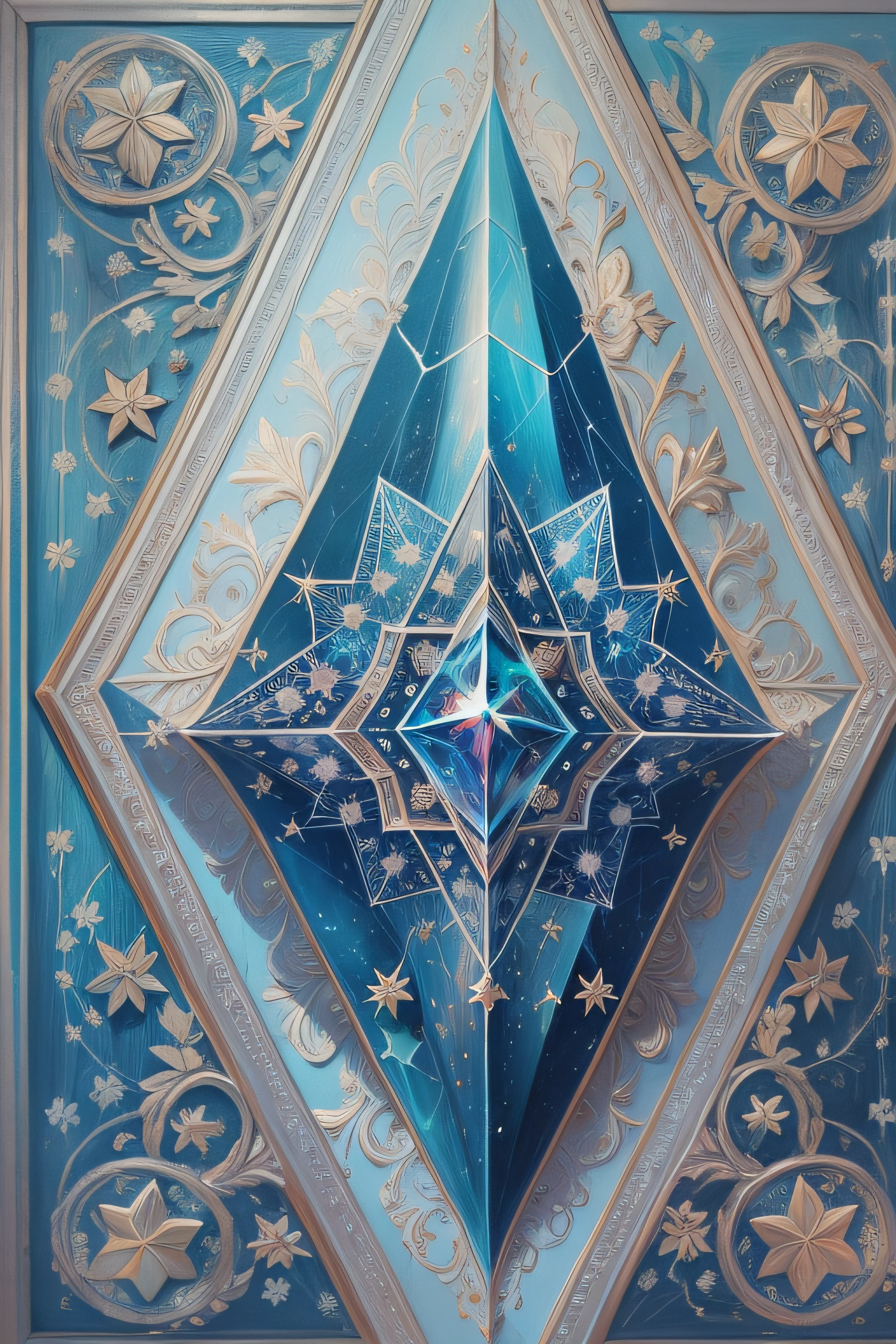 estrela de cinco pontas, magia, simetria, maths, renascentista, oil painting, 2d canvas, altamente detalhado, intricado, classic paint, blue monochromatic, cristal, ornamentado,