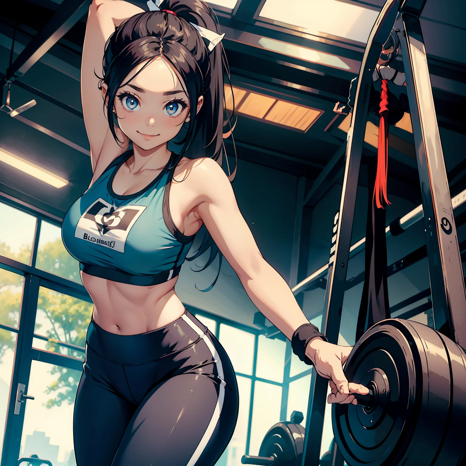 1 beauty in leggings,Big eyes,Long hair,Enchanted smile,two hand,Hair tied in a ponytail,Background in gym,
