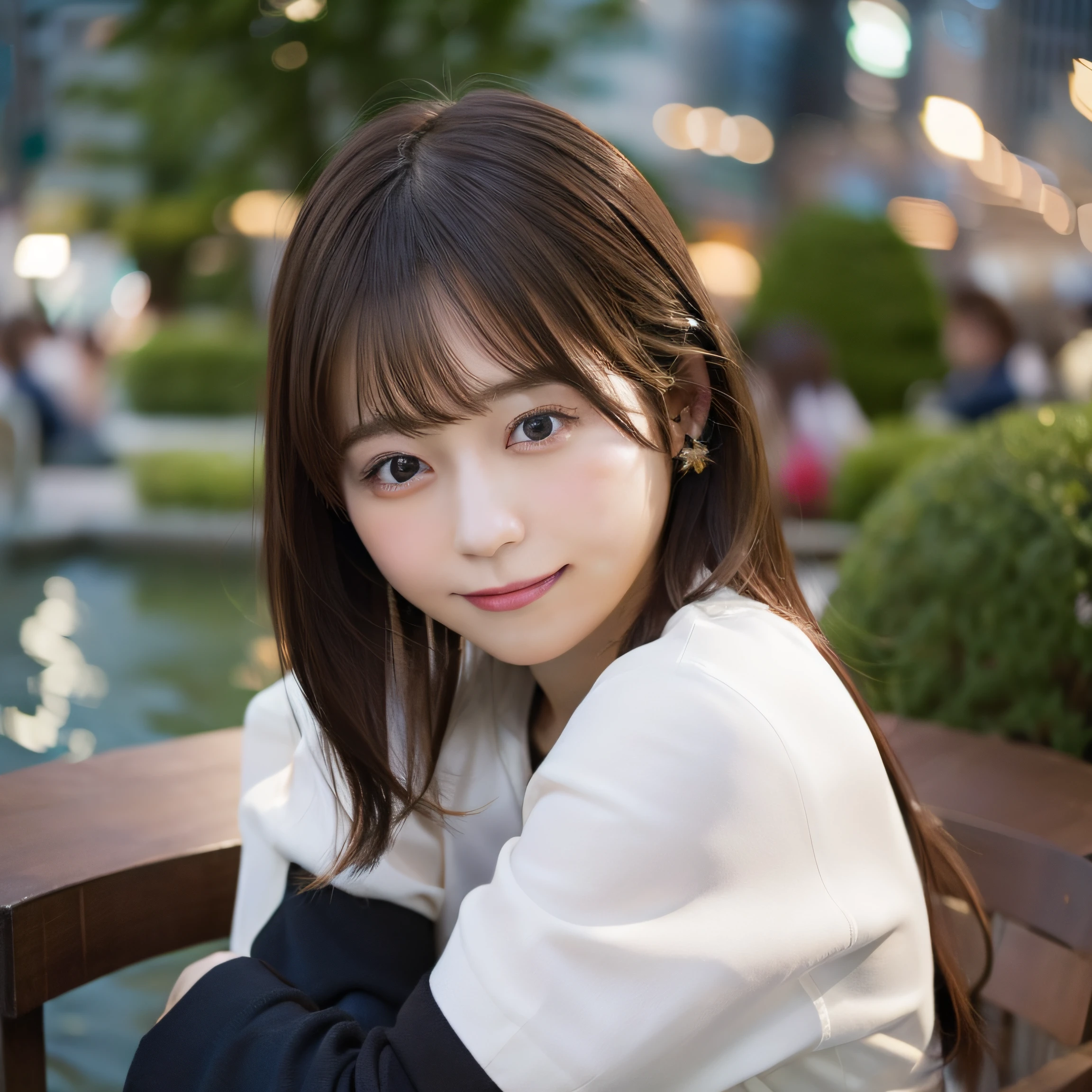 8K,Best Quality, 超A high resolution, (Photorealistic:1.4), Raw photo, masterpiece,(upper thigh:1.4, From Side:1.1), (Bokeh:1.4), (in a suite),Waterside Cafe, 1日本人の女の子, Cute, (Solo:1.6), (Shy smile), (Black eyes:1.2), Smooth skin, (Brown medium hair,Bangs), (touch hair:1.4),nogizaka,a park,Fashionable clothes、full bodyesbian:1.3、Supple fingers、