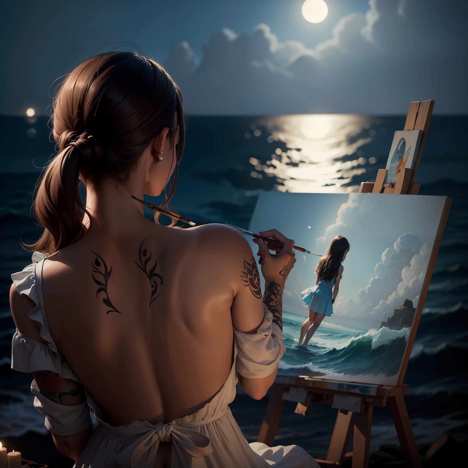 A woman paints a painting of a young girl with her back bare in front of the sea wearing a dress and the moon at night tattoo on the back