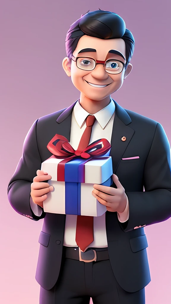 3D cartoon character giving a small present  on a birthday party background, japanese middle-aged man with glasses, (detailed facial affections)(((baby))), movie art, clean shot, like a pixar character, handsome man, black hair, grace and blessing, (((cute smile))),rendered in unreal, movie promo image, rendered image