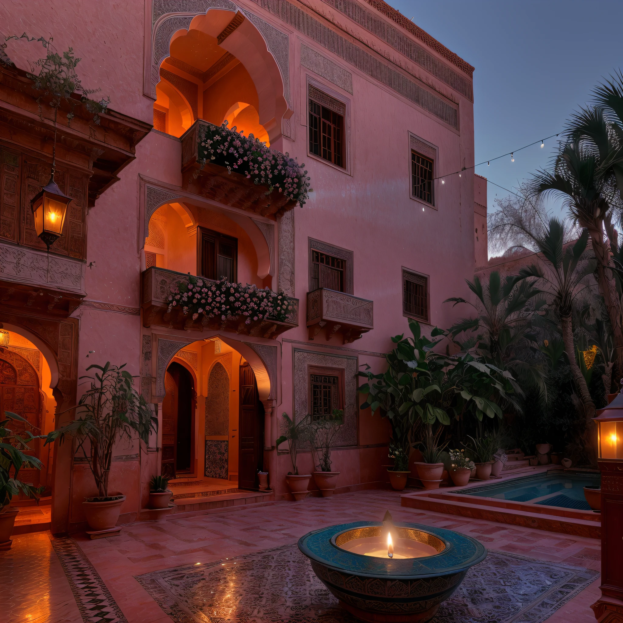 many dark pink roses, sunrays, masterpiece, best quality, ultra high res, RAW, ((Riad)), (riad pool), riad fountain, Marrakech, moroccan candle holders, palm trees, opalescent, (Photoluminescence lights), gems, ((glowing flowers)), clear, Cinematic RAW photo, hyper real photo, ultrarealistic, 8k uhd, dslr, soft lighting, high quality, film grain, Fujifilm XT3, photographed on a Kodak Retina II Sanyo Xacti VPC-CA6, 50mm lens, Wide Angle, HDR, hyper-realistic, colorgraded, volumetric lighting, [volumetric fog, moist], shallow depth of field, reflections, photo, (sparkling) splashing, glistening, (iridescent), glimmering, crystals, mystical, enchanting, glittering, Morocco, exotic, (masterpiece) (best quality) (detailed) (8k) (HDR) (wallpaper) (cinematic lighting) (sharp focus) (intricate), Amazigh, courtyard