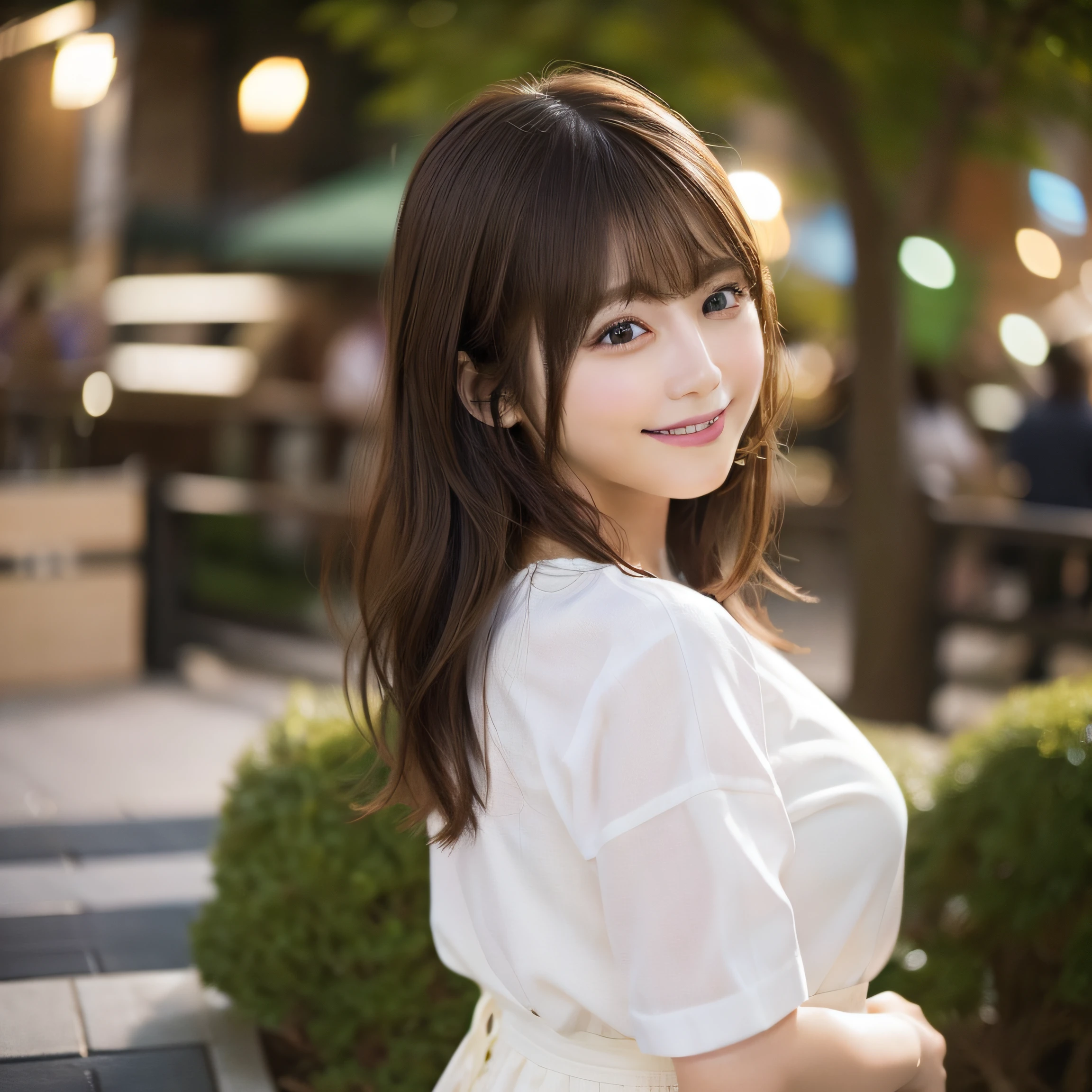 8K,Best Quality, 超A high resolution, (Photorealistic:1.4), Raw photo, masterpiece,(upper thigh:1.4, From Side:1.1), (Bokeh:1.4), (in a suite),Waterside Cafe, 1日本人の女の子, Cute, (Solo:1.6), (Shy smile), (Black eyes:1.2), Smooth skin, (Brown medium hair,Bangs), (touch hair:1.4),nogizaka,a park,Fashionable clothes、full bodyesbian:1.3、Supple fingers、