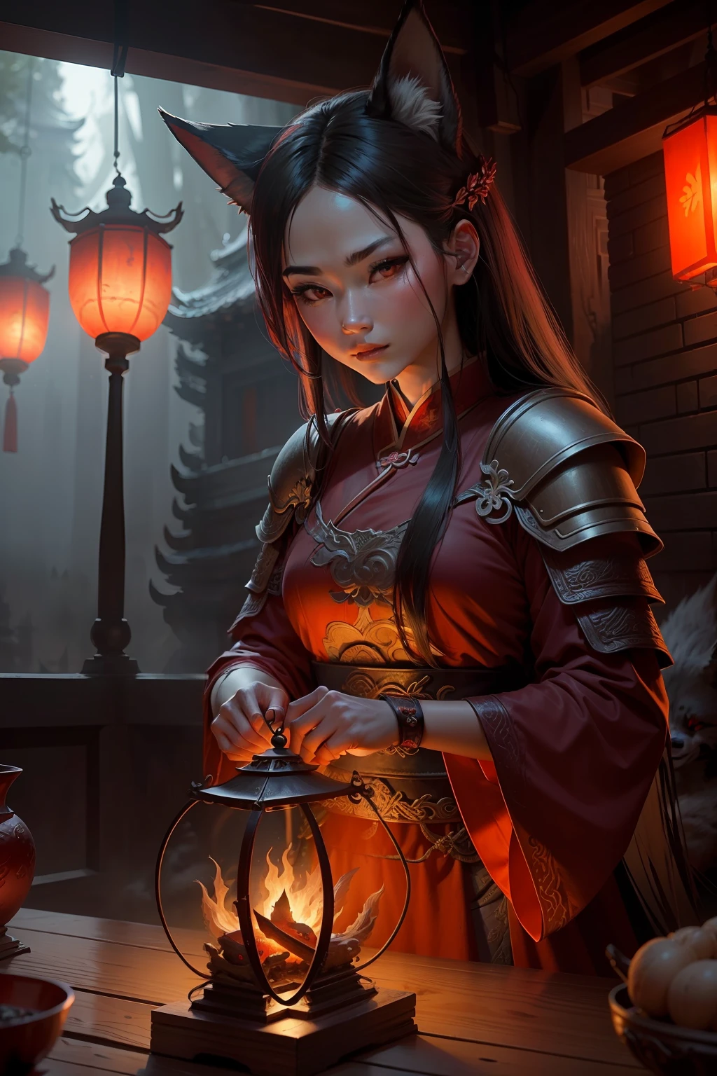 Ancient China In the middle of the night, enchanting female fox spirits dressed in red and fierce thieves in armor and axes meet in the broken temple,The female vixen is tempting the thief,The picture is dark,There is thick fog and firelight,The picture has a bit of a sense of withering。