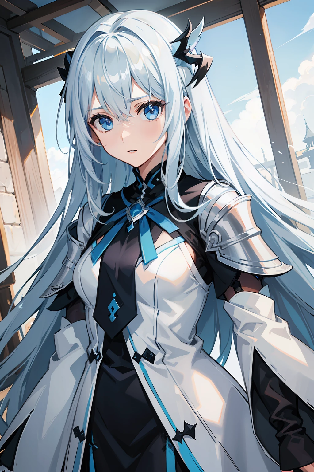 a woman with light-blue medium-length hair, wearing a black and white knights outfit. Has blue eyes.