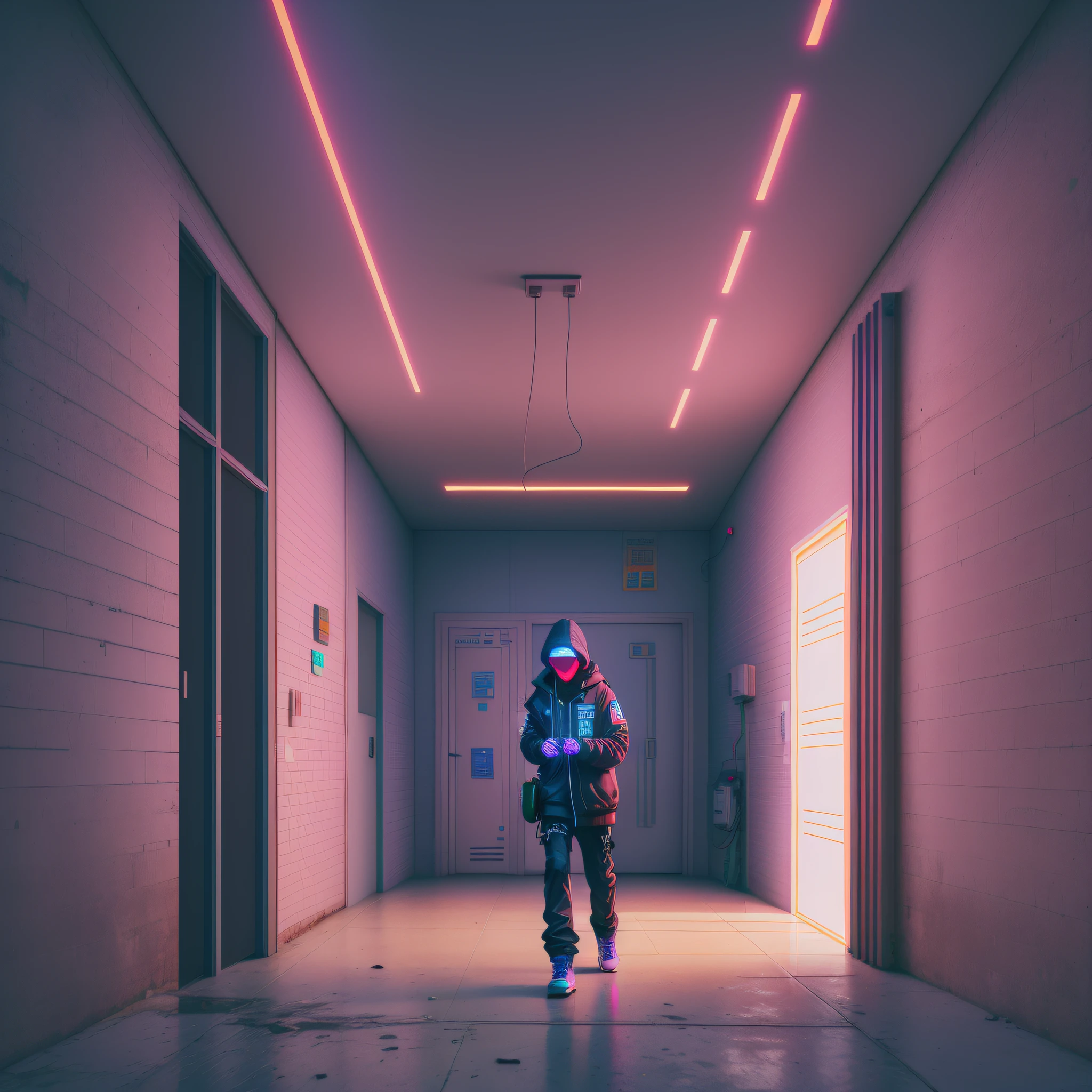 Imagem de um homem parado em um corredor com um celular, cyberpunk lighting, in a cyberpunk setting, style hybrid mix of beeple, cyberpunk with neon lighting, em estilo de bipe, no estilo cyberpunk, Estilo Beeple, inspirado em Liam Wong, estilo cyberpunk silenciado, Cyberpunk Rua Goon, inspirado em Beeple