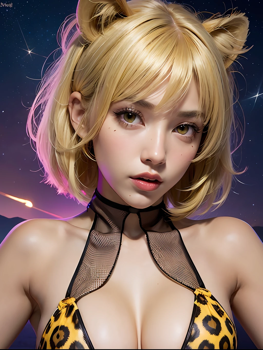 a woman, pretty face, masterpiece, sedutive, dark skin, tanned skin, short hair, yellow hair, green eyes, yellow eyelashes,  yellow eyebrows,  messy hair, bangs hair, nigth desert, night star, sky, front view, leopard print thong