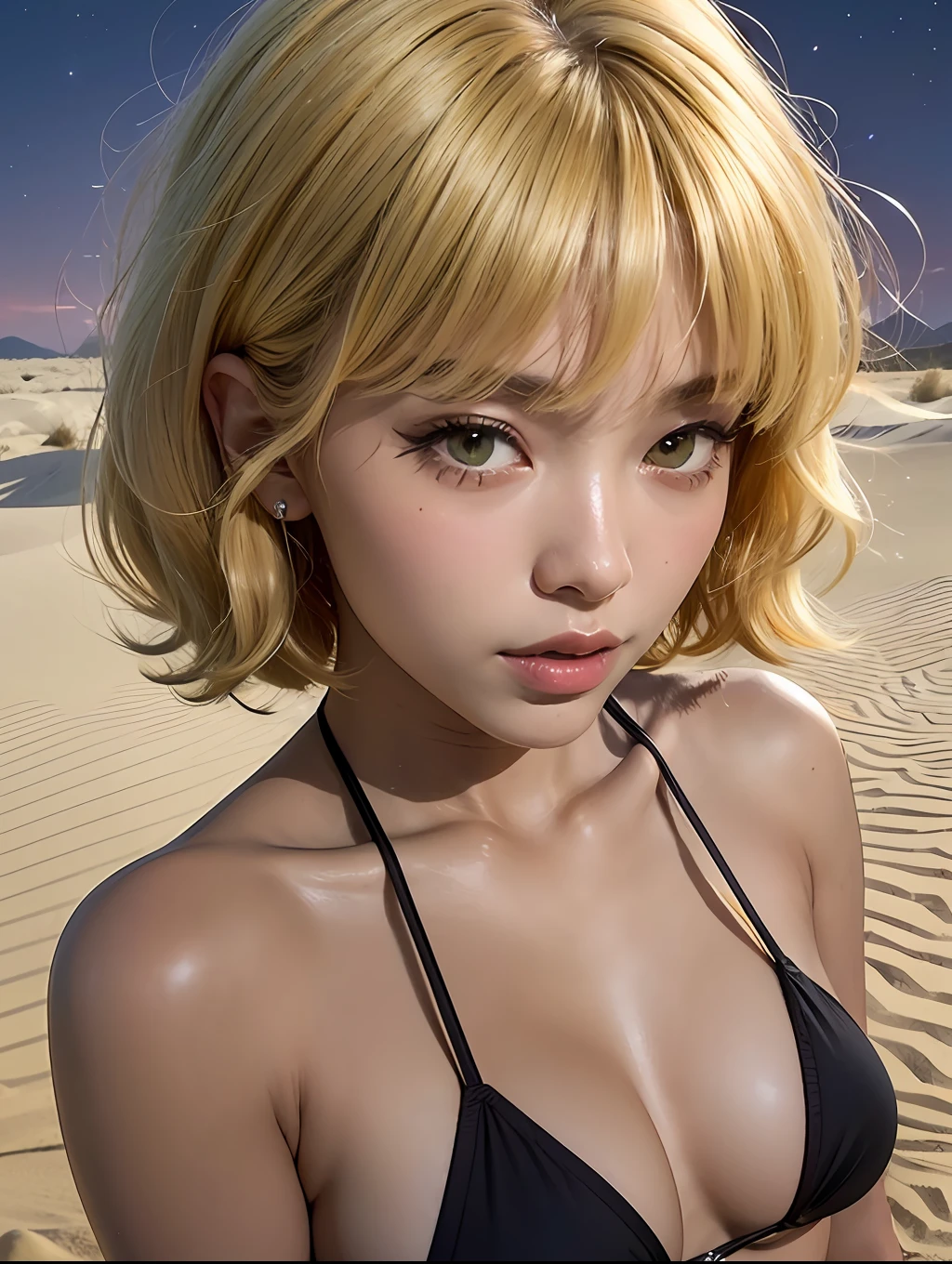a woman, pretty face, masterpiece, sedutive, dark skin, tanned skin, short hair, yellow hair, green eyes, yellow eyelashes, yellow eyebrows, messy hair, bangs hair, nigth desert, night star, sky, front view, black thong, micro thong