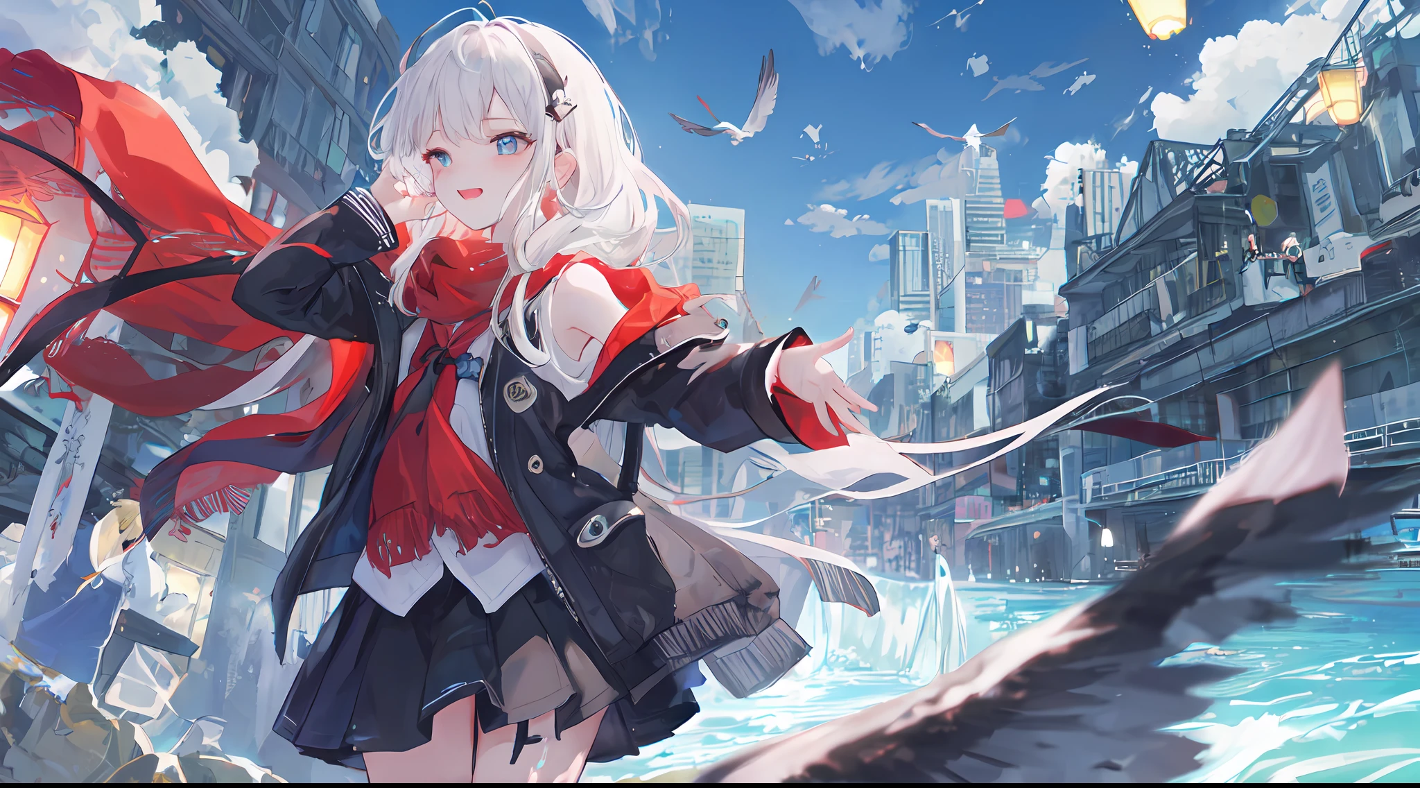 duck sitting,Laughing,ssmile,Half cover your face,Ark of tomorrow style,finely quality eyes,good eyes looking,Heterochromic pupils,solo person,Ark of Tomorrow,one-girl,Black off-the-shoulder sweater, backless outfit,Starry sky,clusters of stars,Ray tracing,{Best quality}, {{Masterpiece}}, {A high resolution}, Original, Extremely detailed 8k wallpapers, {An extremely delicate and beautiful},,incredibly_absurderes,Colorful,intricately details,art book,,incredibly_absurderes,Ray tracing,Perspective,Wide shot,Overall view,,A high resolution,Game CG,short_Hair,cat_hor ears,White_Hair/White_Eyes,Detail fingers,Hands in hair,pigeon-toed,Pout,Blush,Eyes visible through hair,off-shoulder sweater,White_wind coat,Superskirt,White pantyhose,White cat ears,(((long white hair))),White tail,reaching out her hands,W cut sitting position,(((a black trench coat))),(White water scarf),White pupils,Black hairpin,Post-industrial buildings,4K,Master picture quality,Texture,Ark of tomorrow style,On the ground lay the West Sword,eventide,Blood-red sunlight,Black backpack,((((Short black skirt)))),black sneaker shoes,full bodyesbian,long and flowing hair,Smiling,Squint,The ultimate in facial depiction,The ultimate body depiction,The ultimate hair depiction ,There are lanterns on the ground,is shy,in a panoramic view,The ultimate scenario description,Pout,Beautiful_face,Beautiful detailed eyes,One eye is red,One eye closed ,Earphone,Beautiful detailed sky,reflective light,Ray tracing,Sunlight,(Maid dress),Sailor dress,Sleeves,beautiful detailed water,Beautiful detailed sky,god light,depth of fields,Normal body,Normal posture,Front view,Absolutely good light and shadow,Detailed sky,baiyun,the sunset,(((城市,starlights,rios,darkly))).{Best quality}, {{Masterpiece}}, {A high resolution}, Original, Extremely detailed 8k wallpapers, {An extremely delicate and beautiful},,Ray ,{Best quality}, {{Masterpiece}}, {A high resolution}, Original, Extremely detailed 8k wallpapers, {An extremely delicate