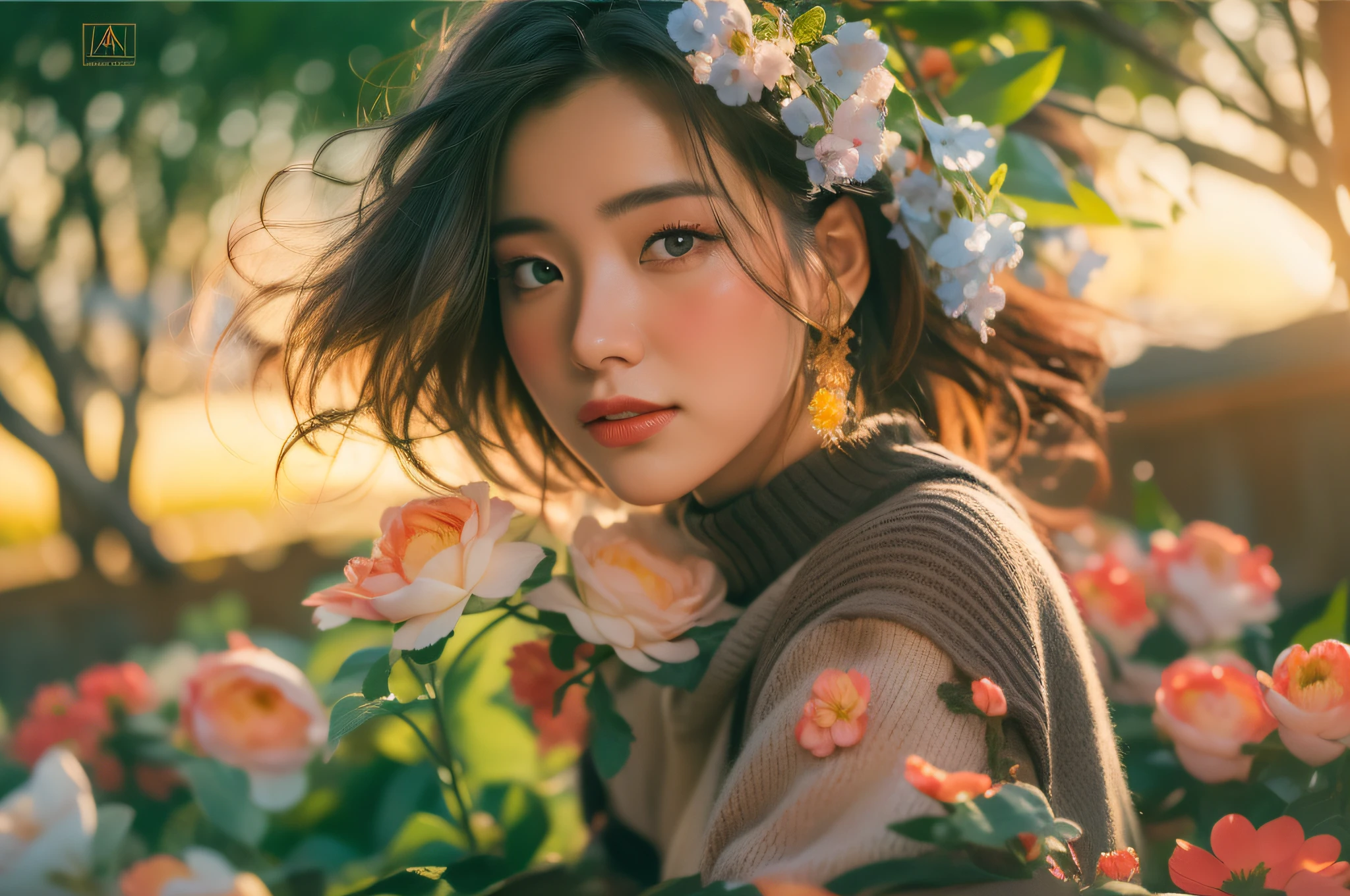 (((cinematic portrait))), young woman, vibrant hair, colourful blooming flowers, sunset, warm light, serene expression 00 --ar 3:2 --c 30 --s 2