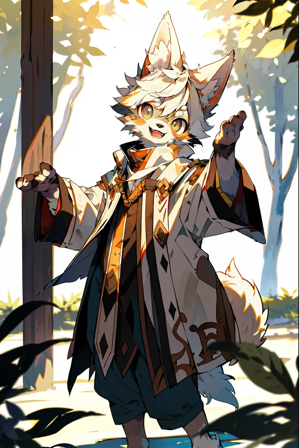 depth of fields,lighting perfect,light particules,(best qualtiy),(tmasterpiece),(ultra - detailed),Sharp focus,light particules,niji,eyesgod,gold_eyes,looking_at_viewer,smile,solo,furry,animal_ear_fluff,open_clothes,in a sunbeam,outside,Look ahead,White hair,Brown skin,Barefoot,Huskies,Dogs