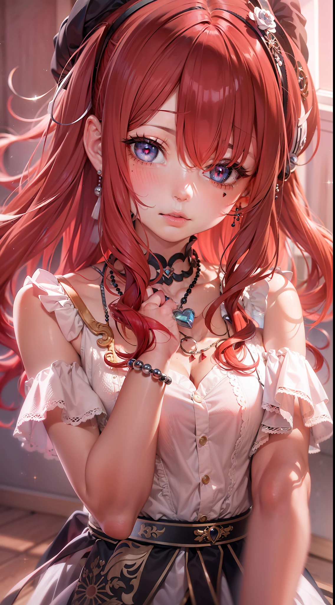 Red hair, ahoge, Curly hair, hair on one eye, bead necklace, black hair band, Moles under eyes, Heart-shaped pupils, Blush, disdain, Anime, Social realism, Cinematic lighting, Sparkle, hyper HD, Masterpiece, ccurate, Anatomically correct, Textured skin, Super detail, High details, High quality, Best quality, A high resolution, 8K