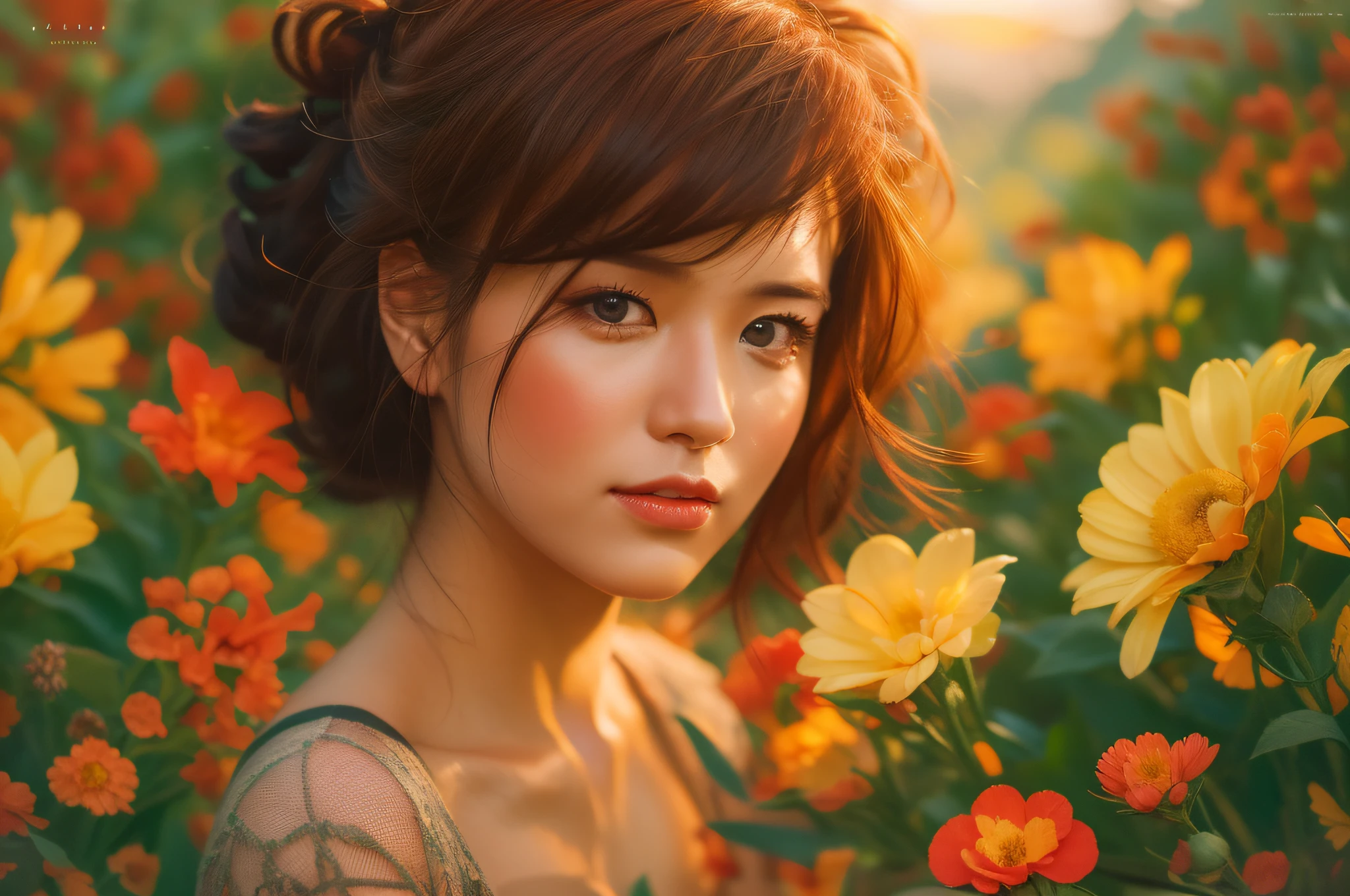 (((cinematic portrait))), young woman, vibrant hair, colourful blooming flowers, sunset, warm light, serene expression 00 --ar 3:2 --c 30 --s 2