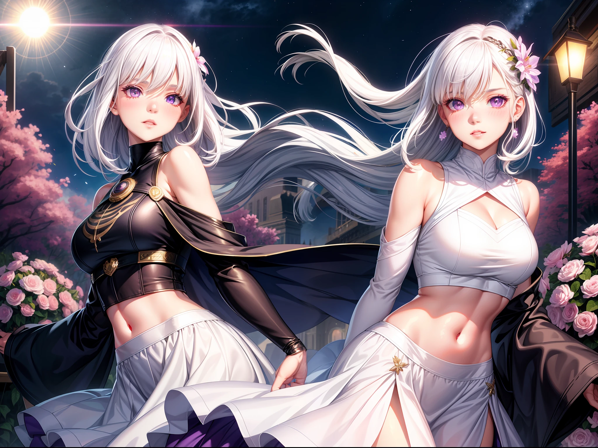 realistic, 1girl, white hair, purple eyes, glowing eyes, crop top, skirt, parted lips, blush, night, flowers, sun, sunlight,