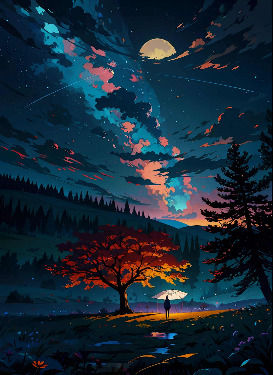 Painting of a man standing under a tree in a field at night, Jen Bartel, Arte bonita UHD 4K, inspirado em Christopher Balaskas, 8k arte impressionante, noite calma. digital illustation, arte de fundo, Arte digital detalhada em 4k, 4K HD papel de parede ilustrativo, Arte digital altamente detalhada em 4k, Papel de parede de arte conceitual 4K