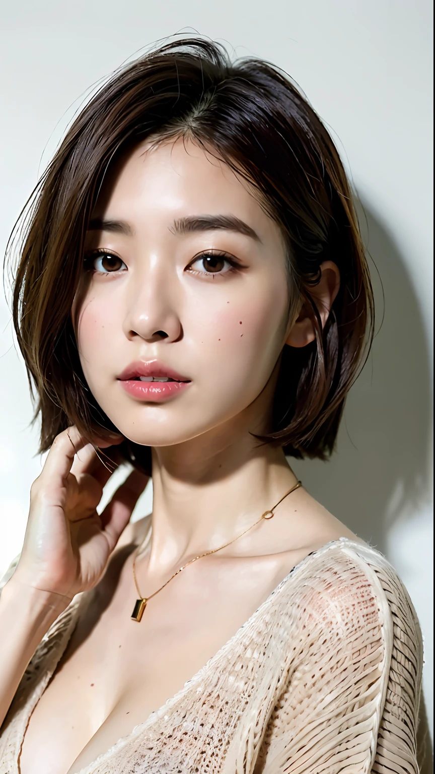 (Best quality, 8k, 32k, Masterpiece, UHD:1.2),Photo of Pretty Japanese woman, large breasts, very short bob hair,upper body,face focus,oversized_sweater, necklace, simple background, from above, looking at viewer,