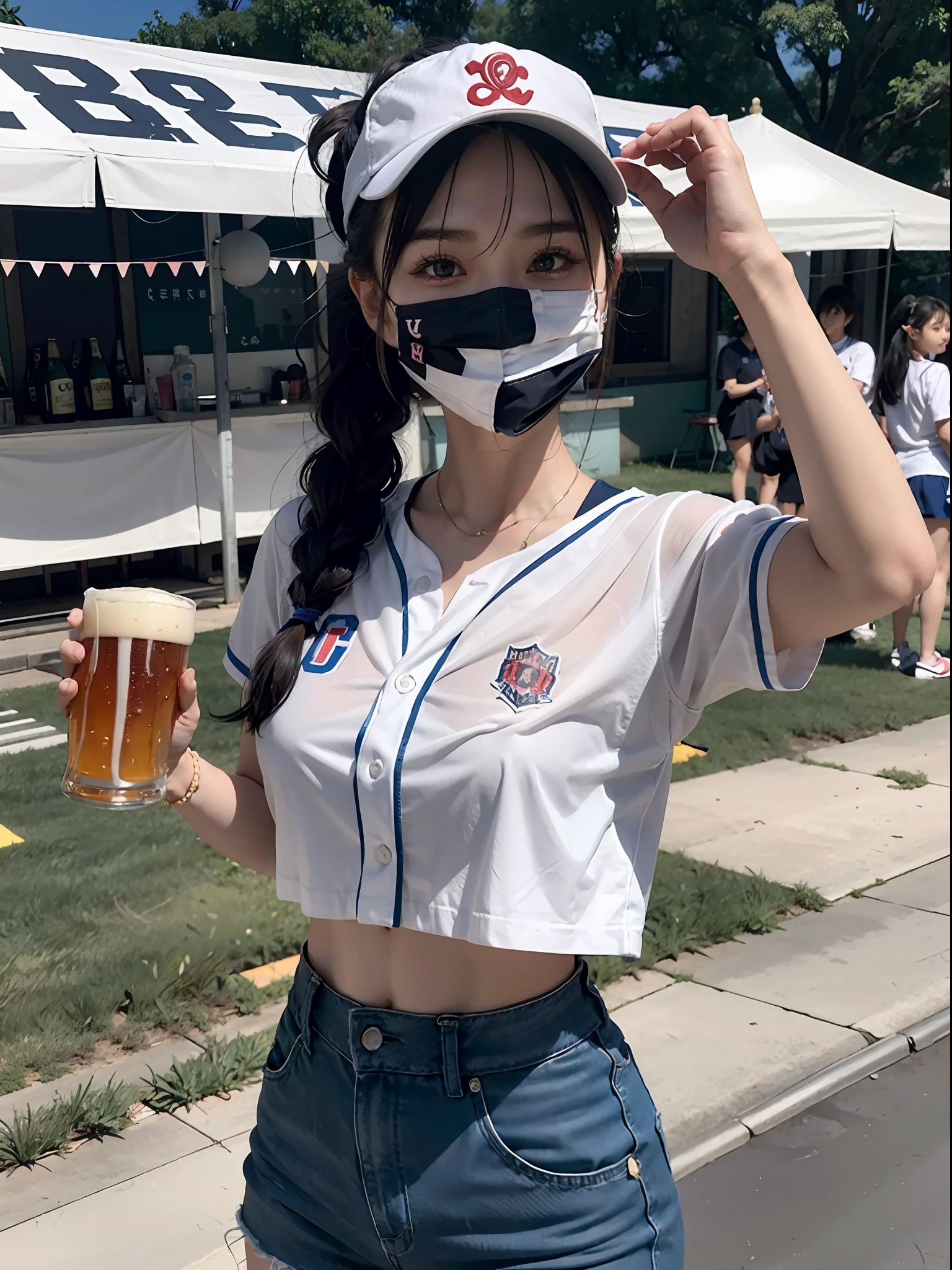 NSFW:1.2, top-quality、masutepiece、8K、Cute Japan beer seller、Selling beer to audience in the audience、Idol-style detail face、Double eyelids、gal make、Look at viewers、A sly smile、Sun visor、Hair tied at the back、large flowers on the head,、Unbuttoned baseball uniform、no-bra、nipple, Give your audience a plastic beer cup、Super short hot pants in the same color as the uniform、Carrying a beer server on your back、Sacoche hanging diagonally、Whip thighs、Baseball Socks、Cute sneakers、