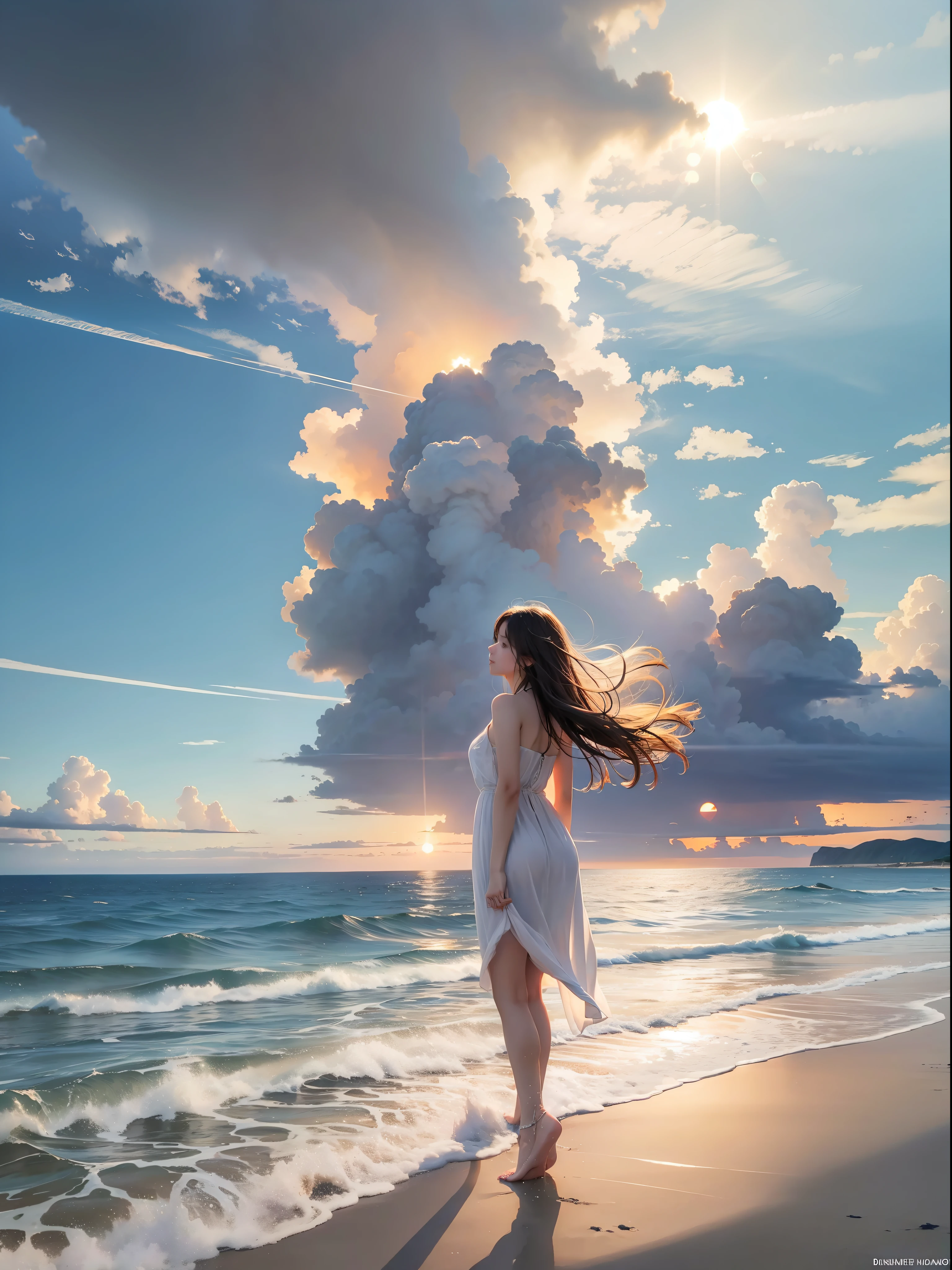 Vast sky、the beautiful skyline、Vast sea、Far horizon、Distant waves、Into the cloud、
extremely tense and dramatic pictures、the moving visual effects、Sun Climbed High、the colorful natural light、White sandy beach、Girl in the sea