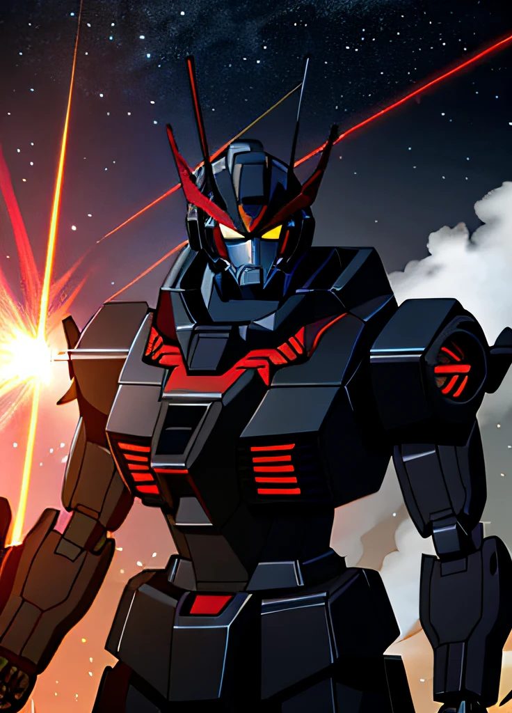 (red and black mecha), gundam, holding rifle, explosion, laser, robot, masterpiece,best quality,ultra-detailed,very detailed illustrations,extremely detailed,intricate details,highres,super complex details,extremely detailed,cowboy shot, caustics,reflection,ray tracing,demontheme,nebula,dark aura,cyber effect, action, ancient japanese architecture,pond, starry sky,skyline,