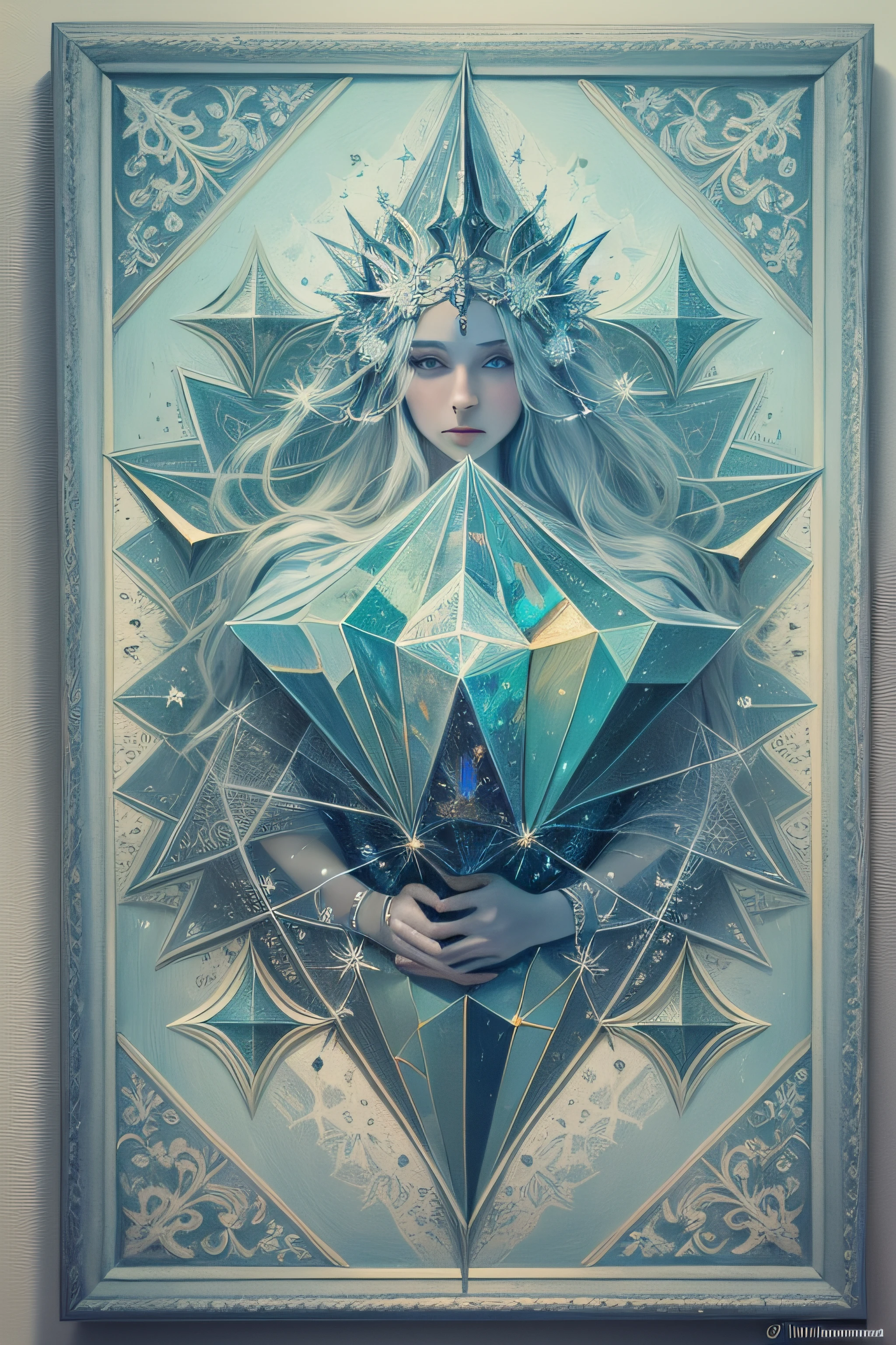 estrela de cinco pontas, magia, simetria, maths, renascentista, oil painting, 2d canvas, altamente detalhado, intricado, classic paint, blue monochromatic, cristal, ornamentado,
