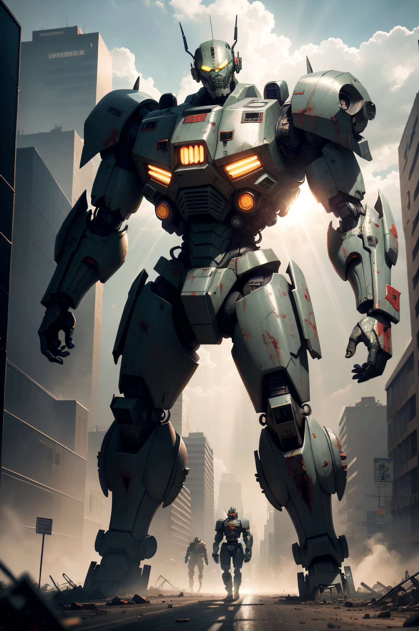 zombie, Fighter mech body, Stand on the deserted city streets, Armageddon, wounded, Mecha broken, grin, frown, Surrealism, Cubist Futurism, Fauvism, cinematic lighting, god rays, masterpiece, super detail, high details, 16k, textured skin
