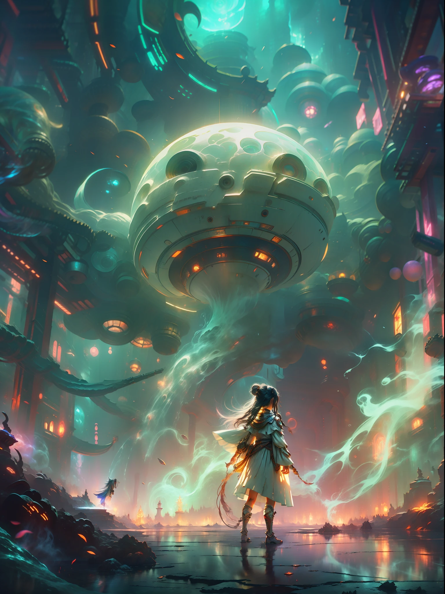 Picture quality:A masterpiece of high detail,8K,High-resolution body content:Leads to the abyss,Broad perspectives,fanciful,Full of mystery,Bask in the breath of chaos,Hopeful,Divine piety ,Look outward at the background:Dazzling colors,The looked at the atmosphere in the distance:Mysterious and unknowable sense of light,Intense violet light,Magic beam,The fantasy of the future world is intertwined with reality,Color:Infused with ethereal hues and luminous turquoise hues,High purity color, composition:Vista composition,tilted angle,ultra-wide-angle,Style reference:Virtual Engine,The magical texture of the ghost spark,Chaotic real world
