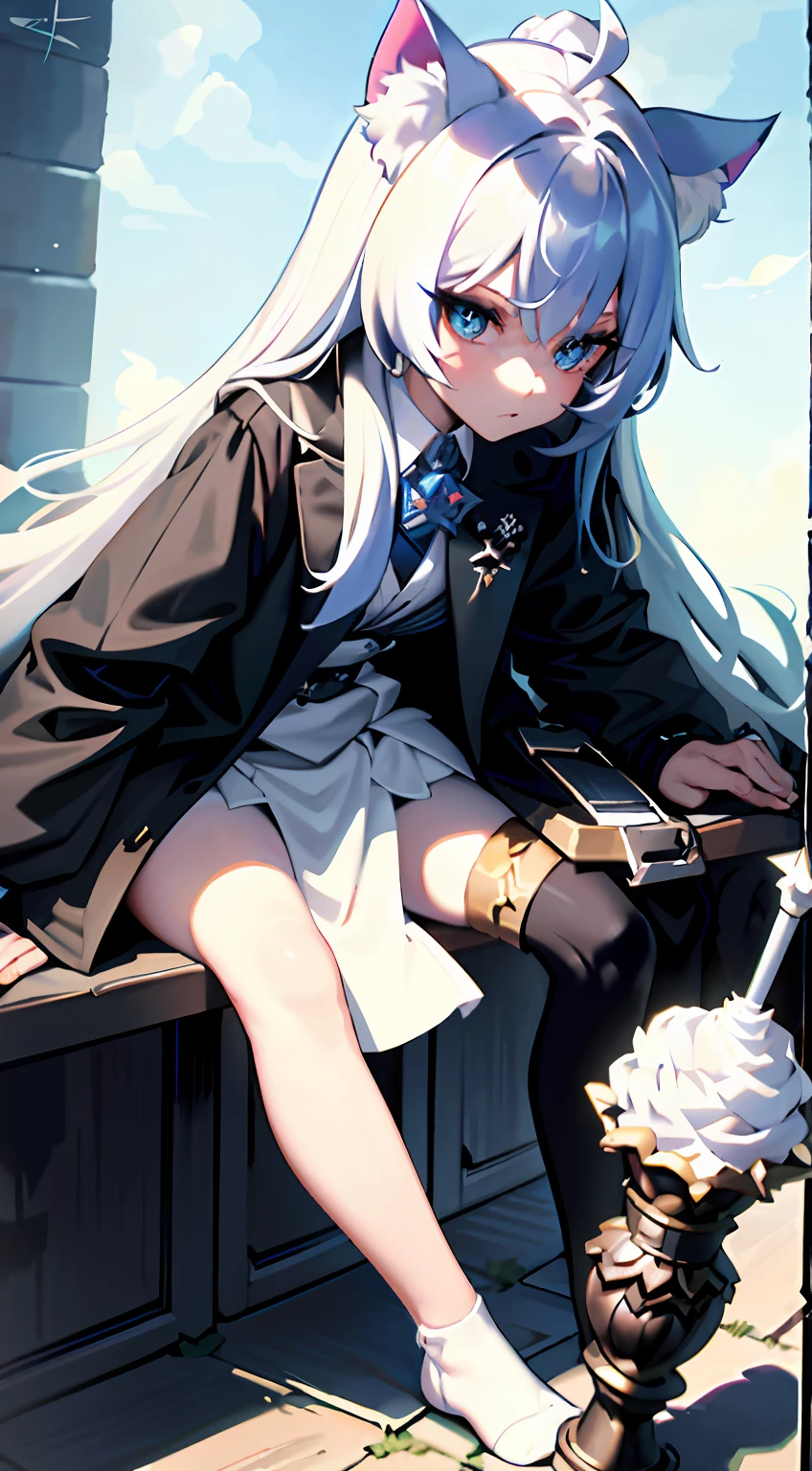 {{{tmasterpiece}}},{{{best qualtiy}}},whaite hair,long whitr hair,Hair ornaments,Loose coat,adolable,separate,Background with,dynamic angle,,Cat ears,{{Blue pickaxe dye}},bit girl,White legs,looks down on a viewer